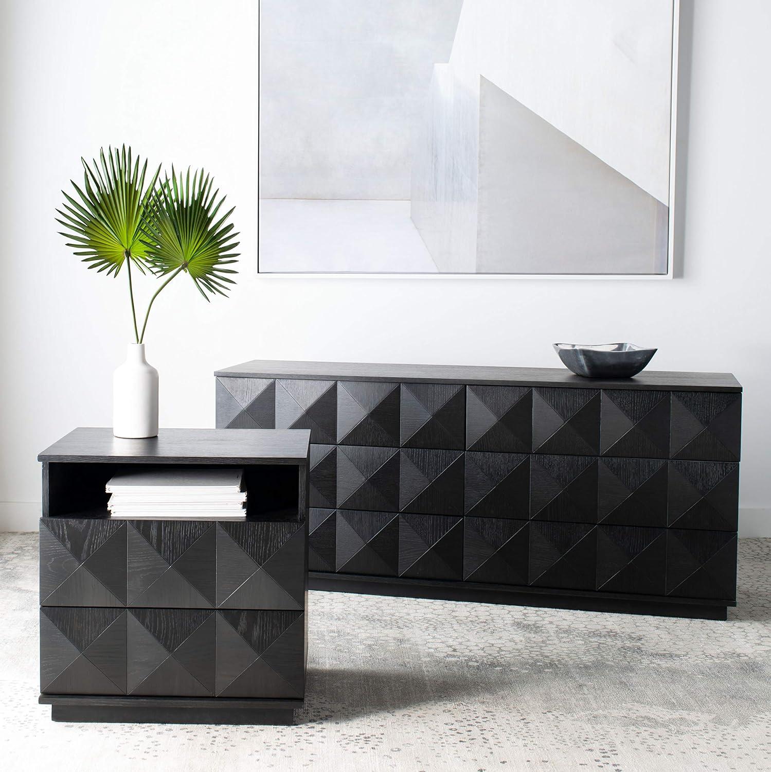 Black Geometric 2-Drawer Solid Wood Nightstand