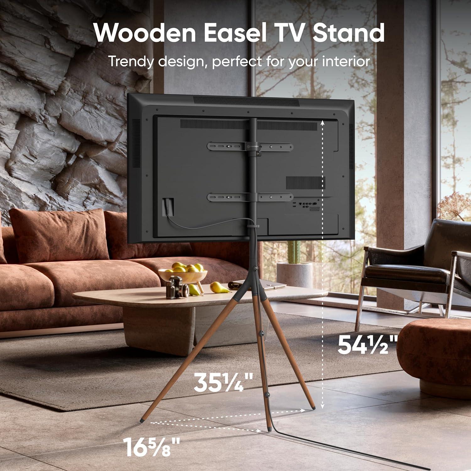 ONKRON Tripod TV Stand Wood for TVs up to 65" and 77 lbs, Swivel Floor Corner TV Stand Adjustable