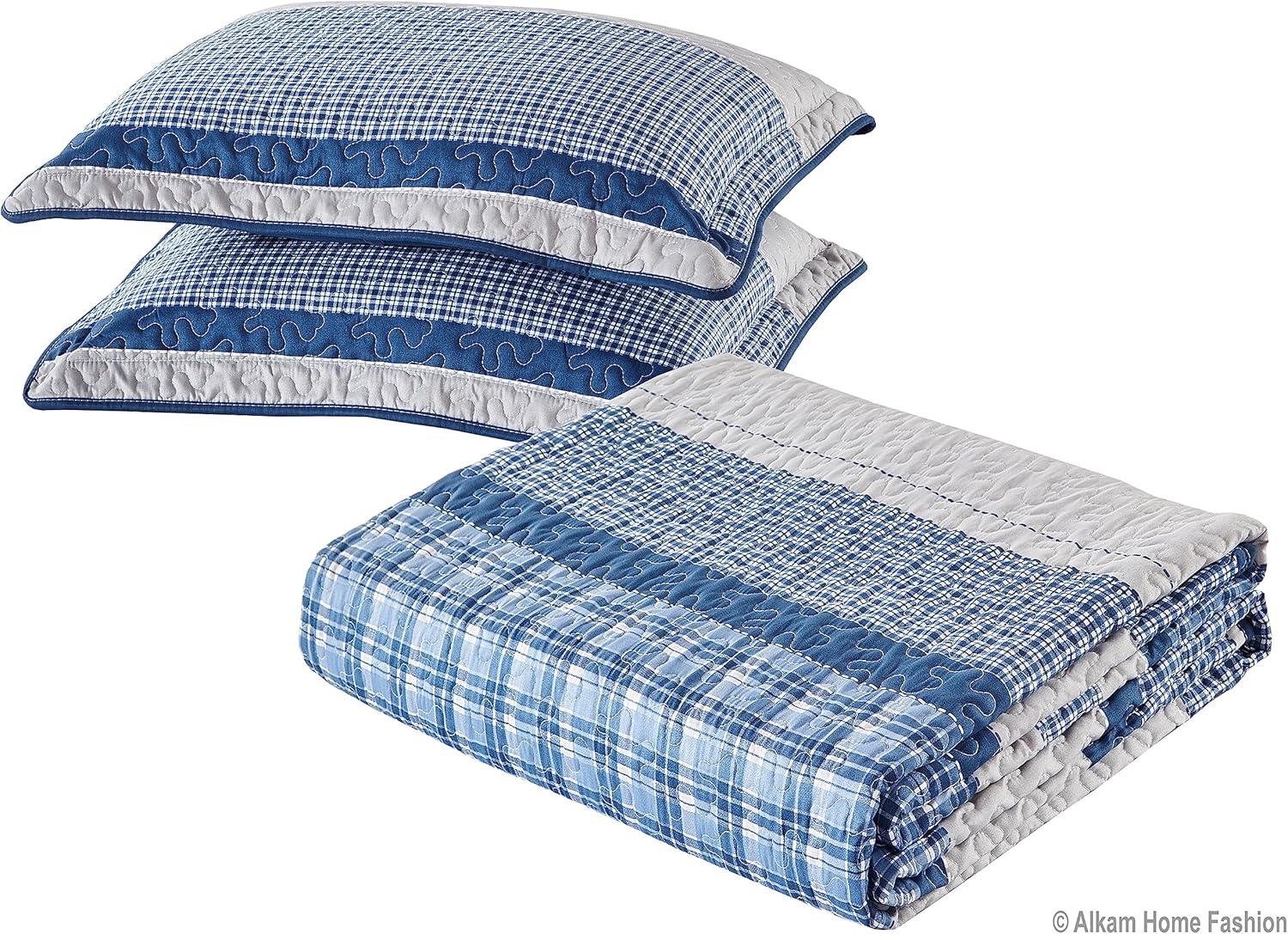 Blue and Gray Plaid Queen Bedspread Set with Pillow Shams