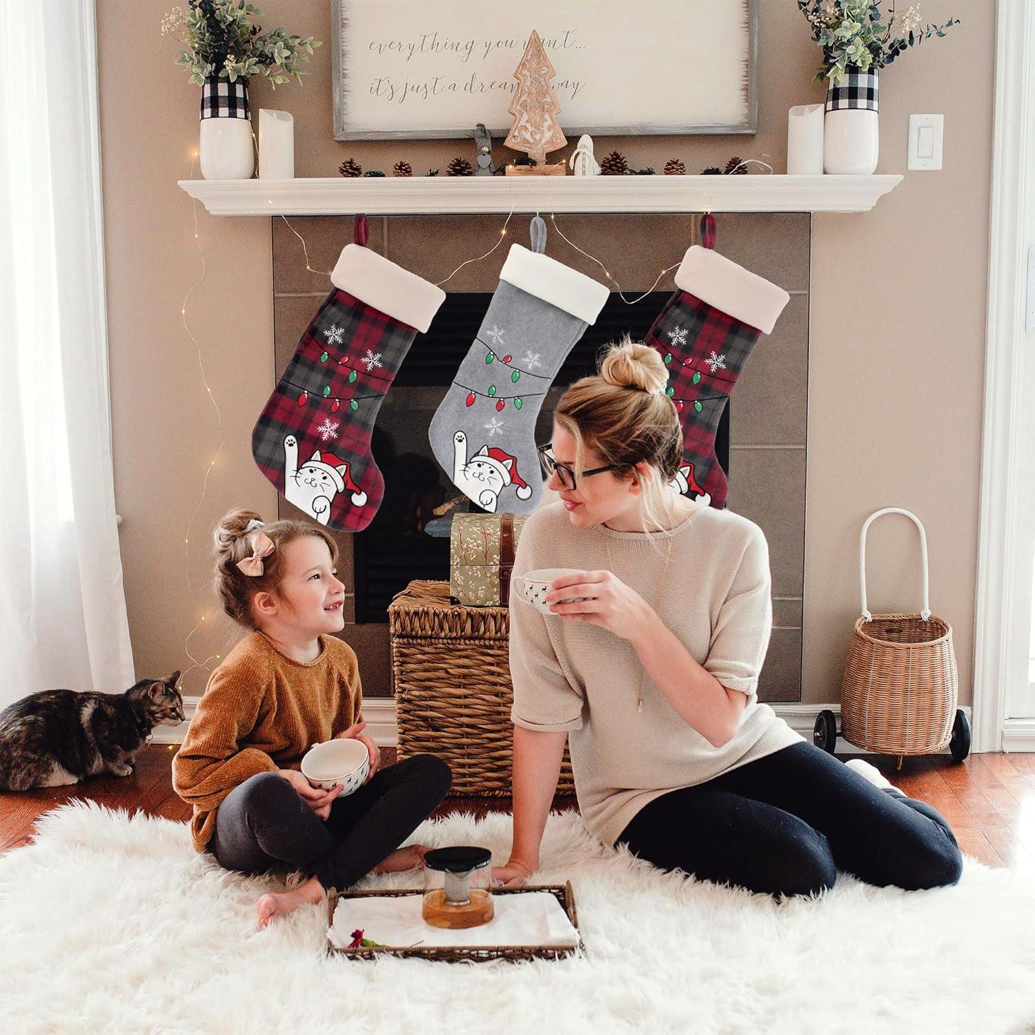 BambooMN 1 Pc Set 18" Classic Hand Embroidered Sequined Cute Animal Christmas Stocking, 16 Naughty Cat Plaid