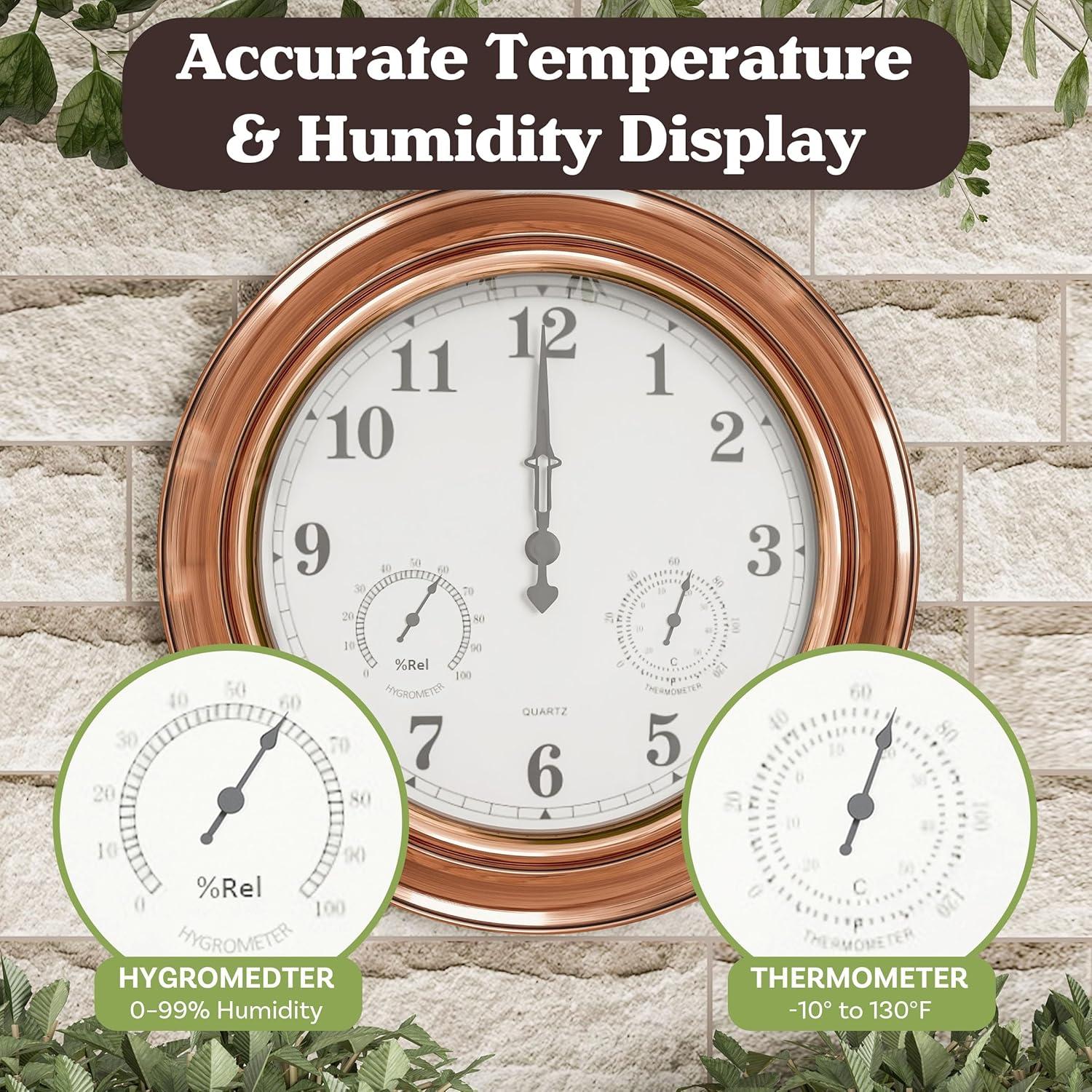 Pure Garden Indoor Outdoor Clock Thermometer Combo - 18-Inch Waterproof Outdoor Wall Clock with Temperature and Humidity by Pure Garden