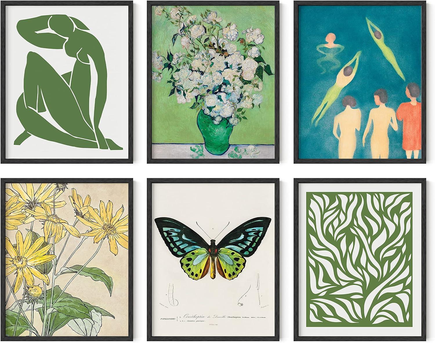 Green and Beige Vintage Art Prints Set of 6