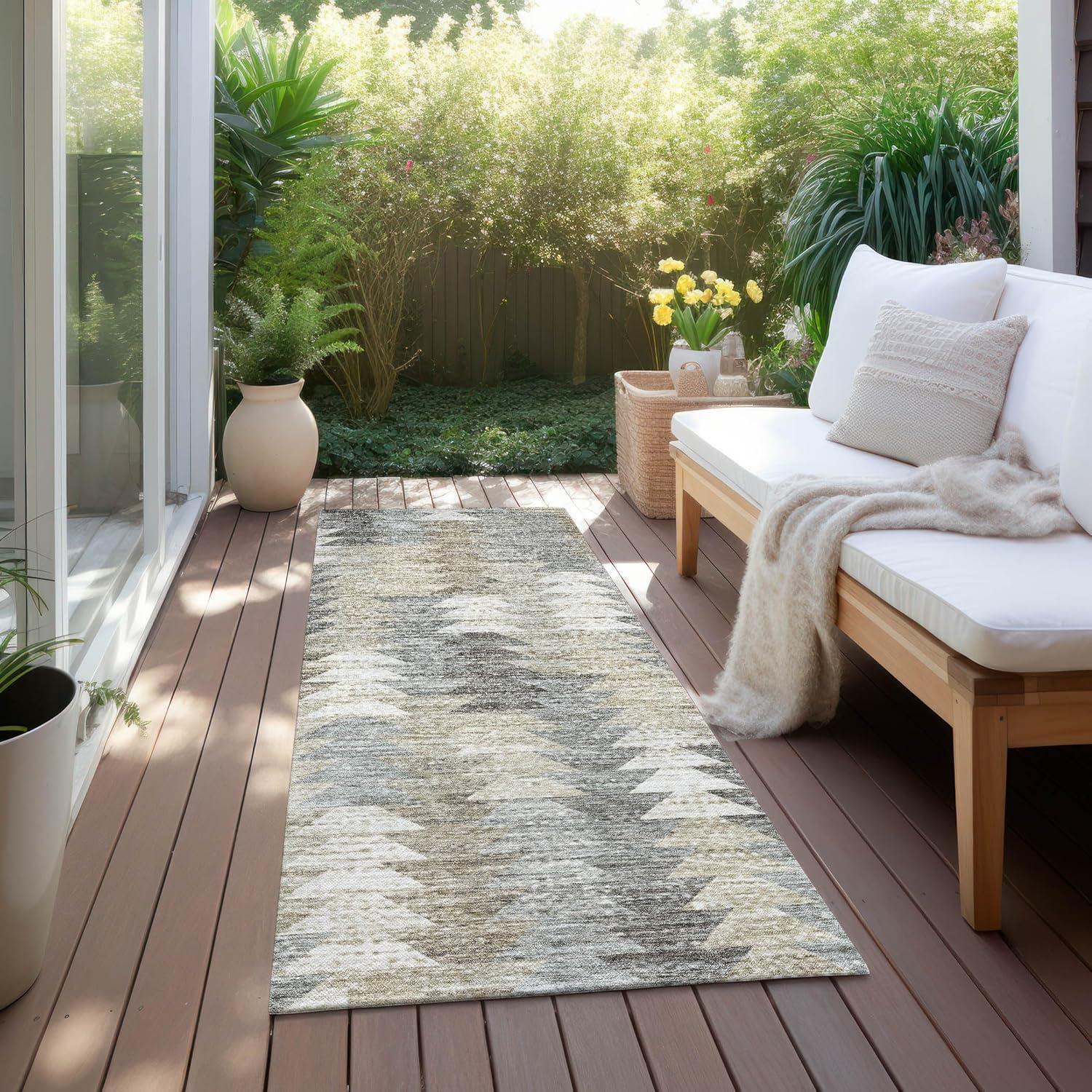 Taupe Geometric Flat Woven Indoor Outdoor Runner Rug