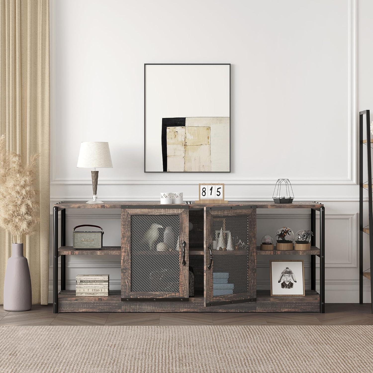 Killeryuki TV Stand for 65+ Inch TV, Industrial Entertainment Center TV Media Console Table, Farmhouse TV Stand with Storage and Mesh Door, TV Console Cabinet Furniture for Living Room (Rustic Oak)