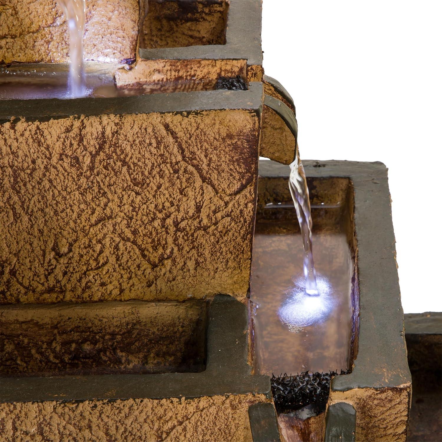 Rustic Brown Solar-Powered Tiered Fountain with LED Lights