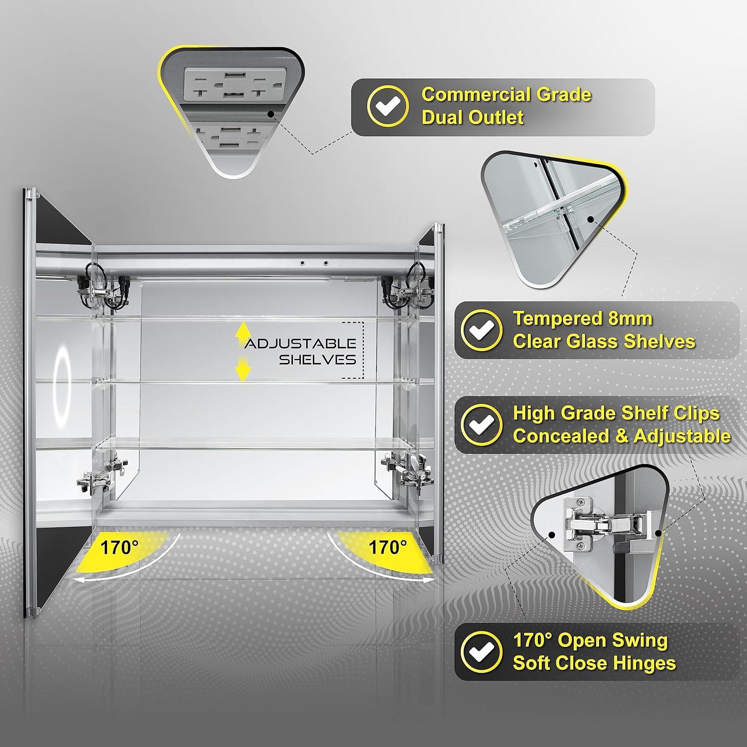 Aura 36x30 LED Mirror Medicine Cabinet with Defogger and USB Ports