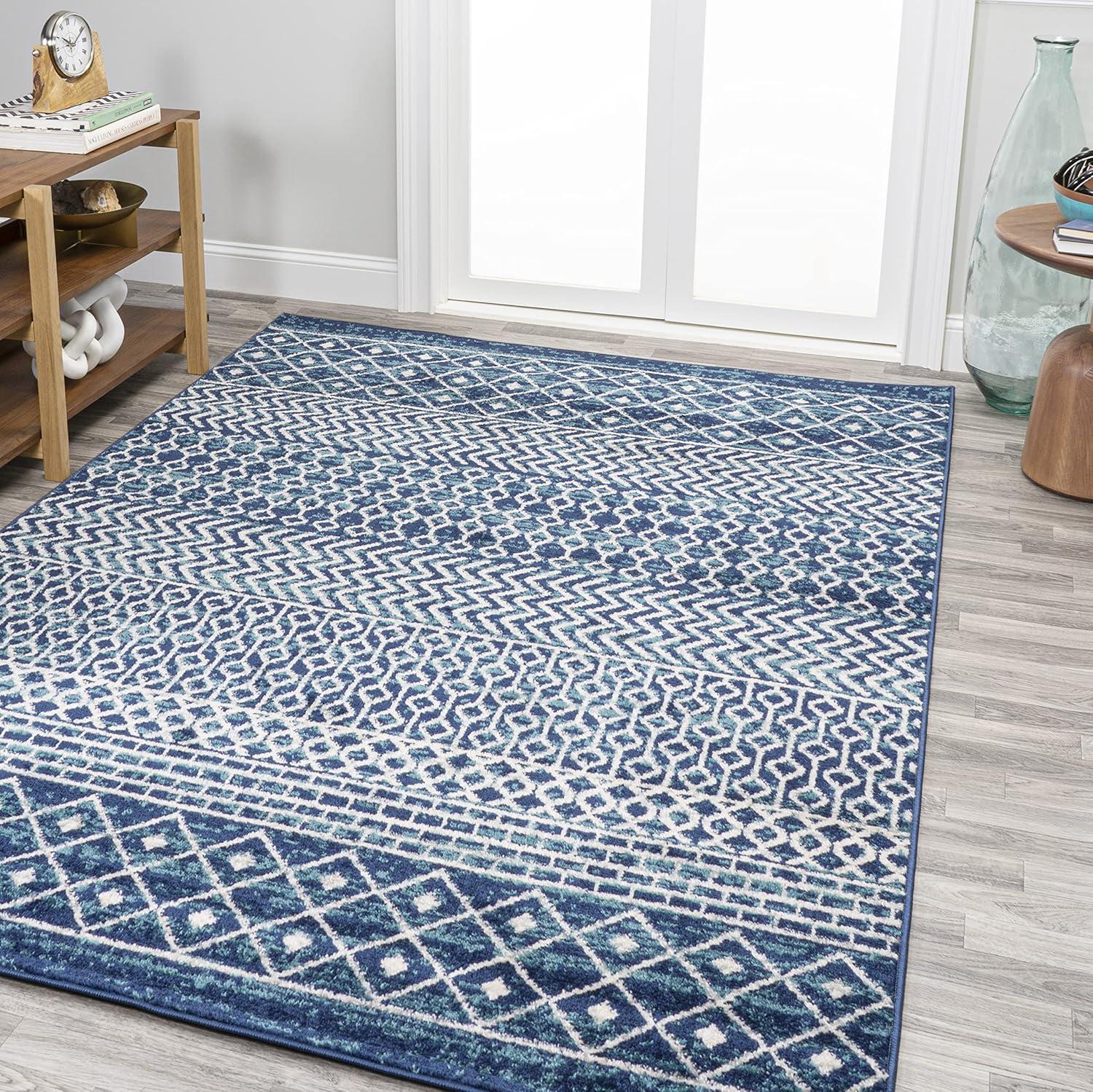 Navy and Cream 4' x 6' Geometric Synthetic Easy-Care Area Rug