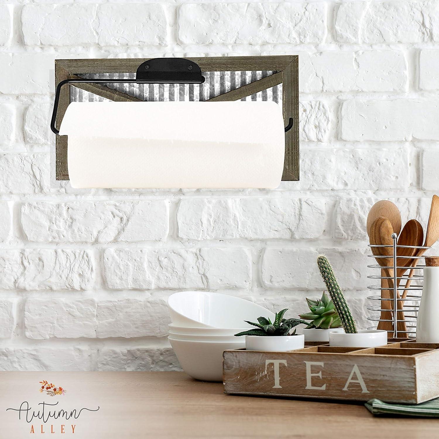 Autumn Alley Rustic Farmhouse Paper Towel Holder – Wall Mounted with Galvanized Metal Accent - Farmhouse Kitchen Decor