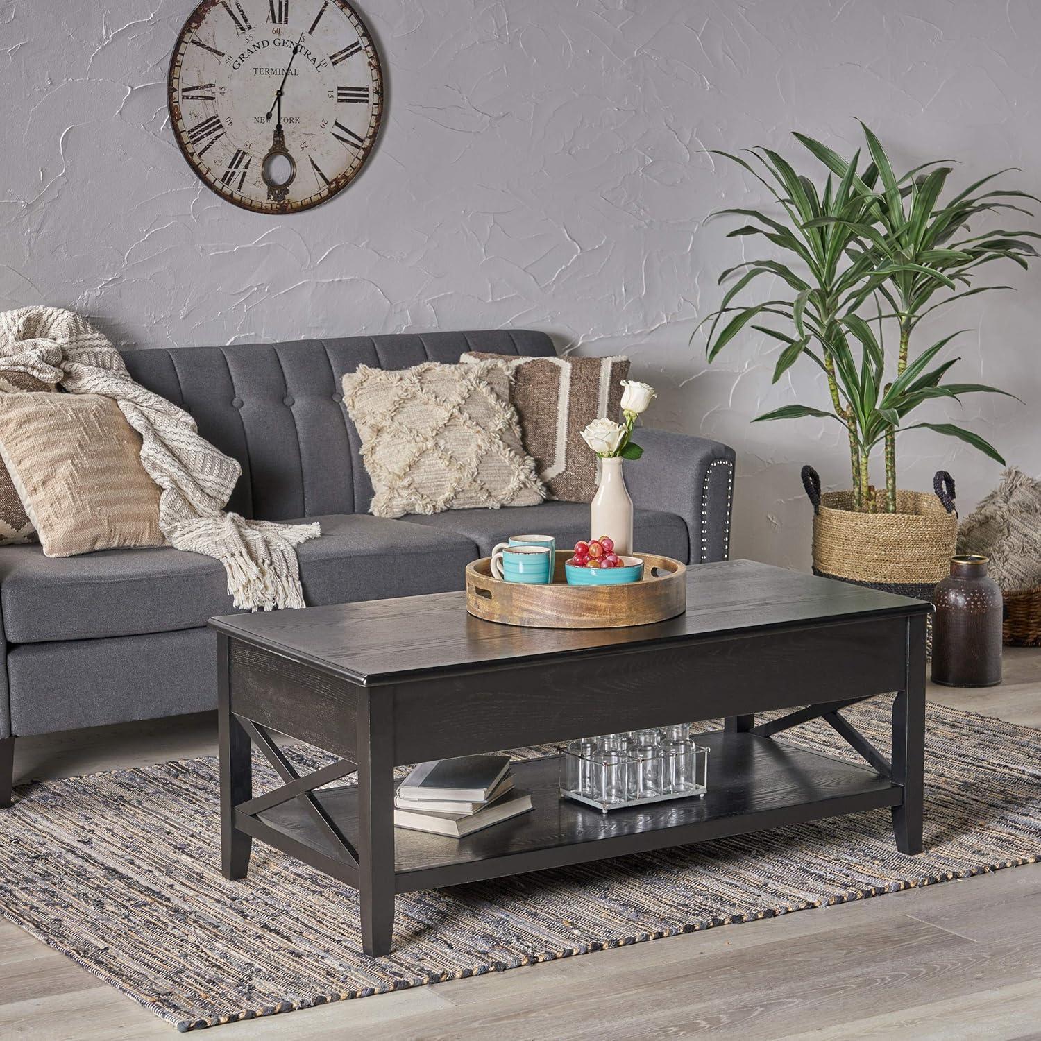 Black Farmhouse Faux Wood Lift-Top Coffee Table with Storage