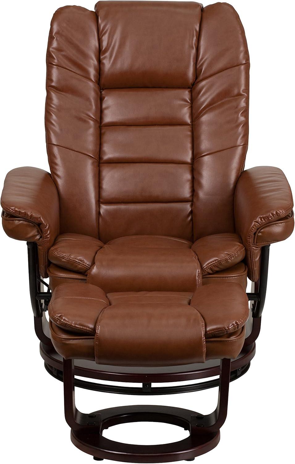 Brown Leather Swivel Recliner with Mahogany Wood Base