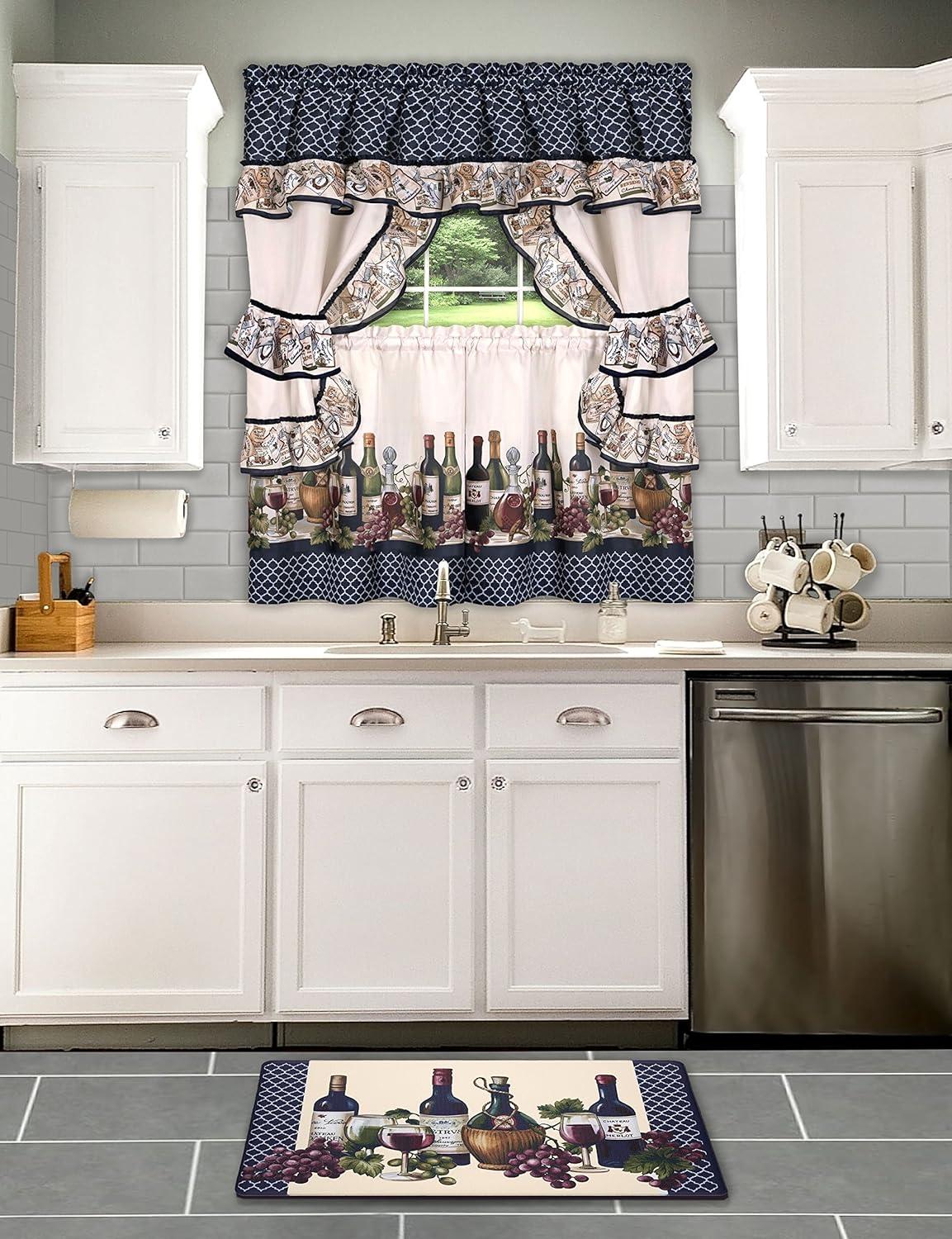 Ophelia & Co. Lange Floral Ruffled 57'' W Kitchen Curtain in Navy