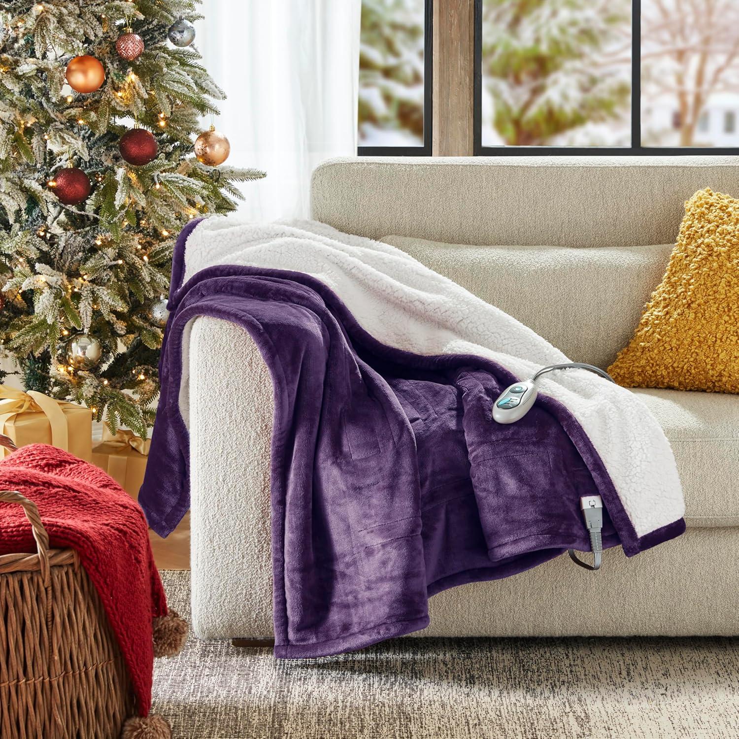 60"x70" Electric Heated Microlight to Berber Throw Blanket Purple: Beautyrest, Lightweight, Machine Washable