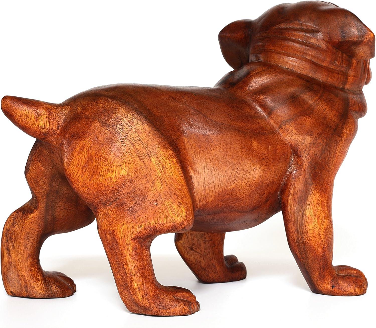 Hand Carved Wooden Bulldog Statue in Rustic Brown Finish