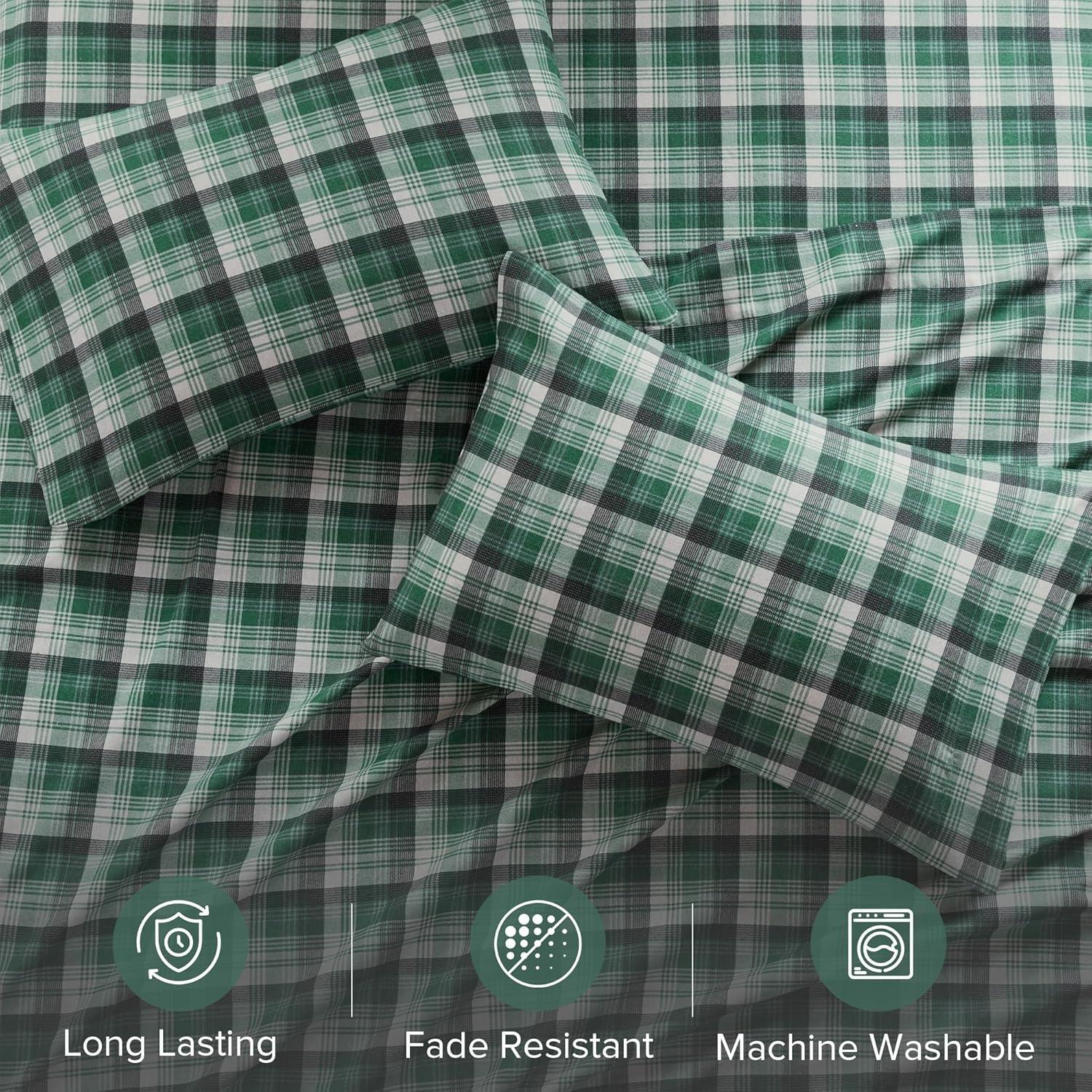 King Patterned Flannel Sheet Set Green Plaid