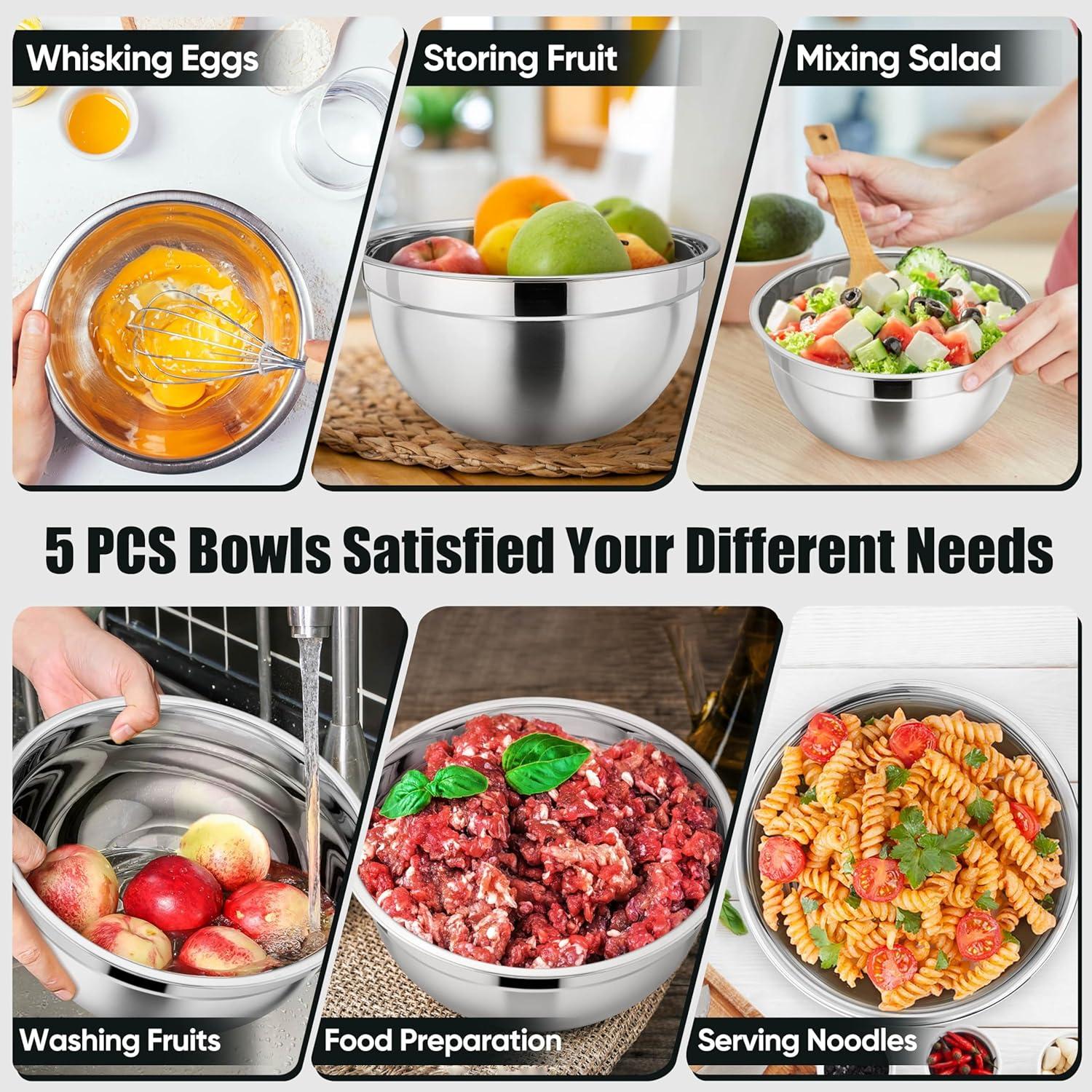 Toledo Bath & Kitchen Stainless Steel Mixing Bowls With Lids, 5-Pack Metal Nesting Bowls With Airtight Covers For Cooking, Baking, Serving, Storage, Non-Toxic & Dishwasher Safe, Size 4.6/3/1.5/1/0.7QT - Khaki
