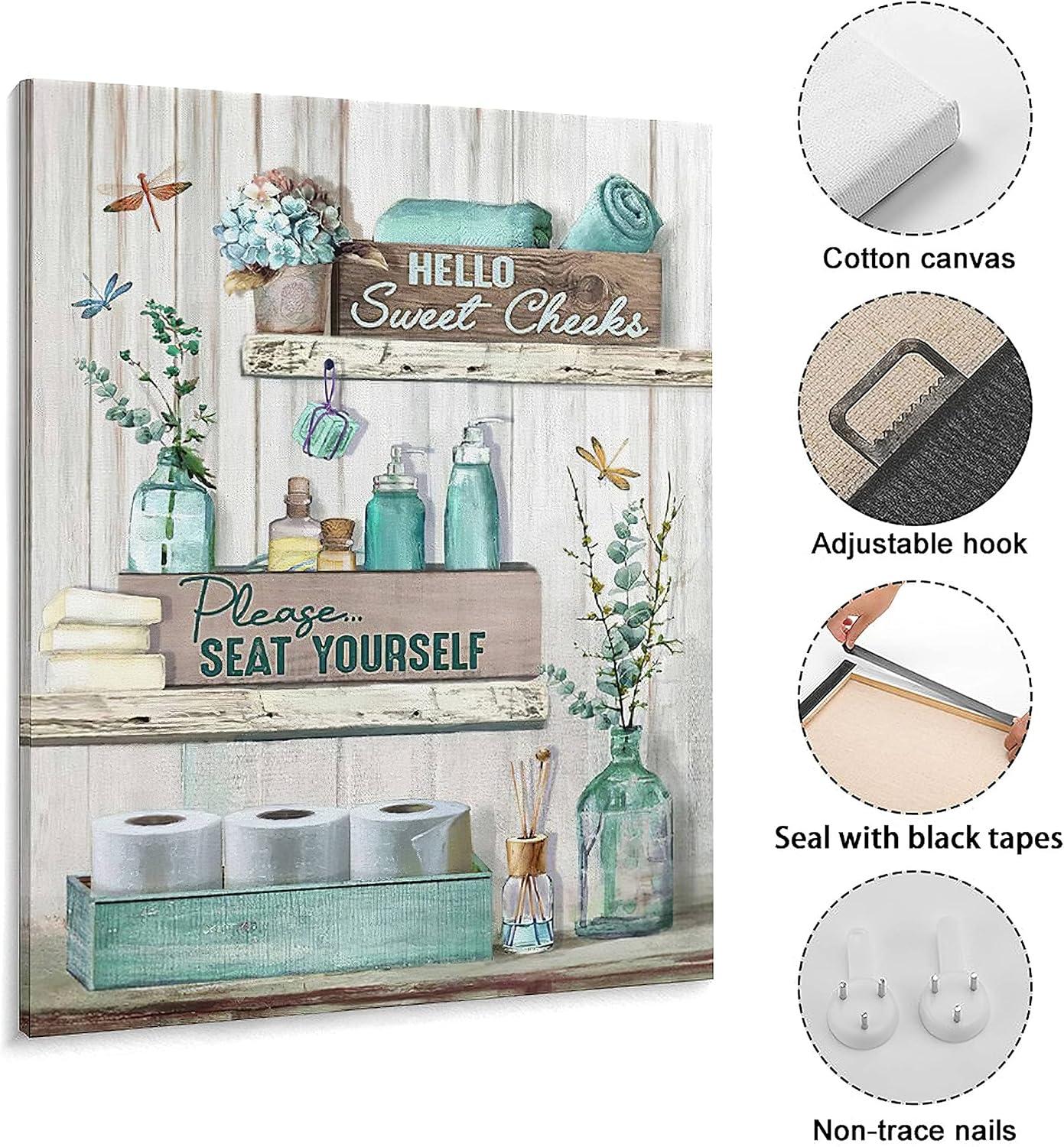 Rustic Bathroom Sign - Turquoise Canvas Wall Art - Modern Home Decor - Framed, Ready To Hang - 12x16 Inch