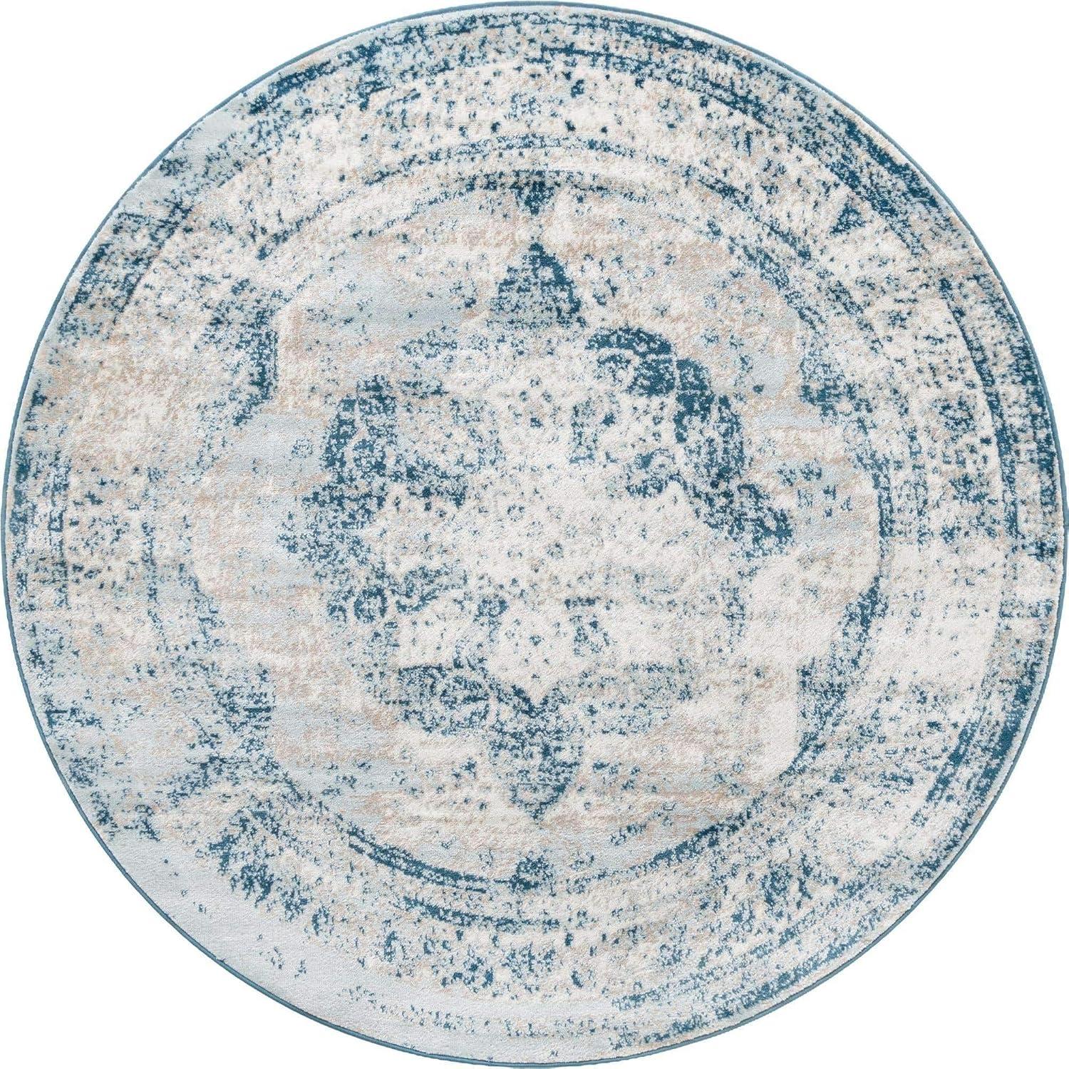 Reversible Round Blue and Light Blue Medallion Synthetic Rug