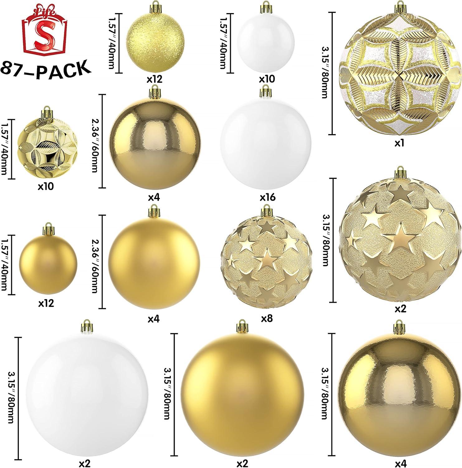 87-Piece Gold and White Shatterproof Plastic Christmas Ball Ornaments Set