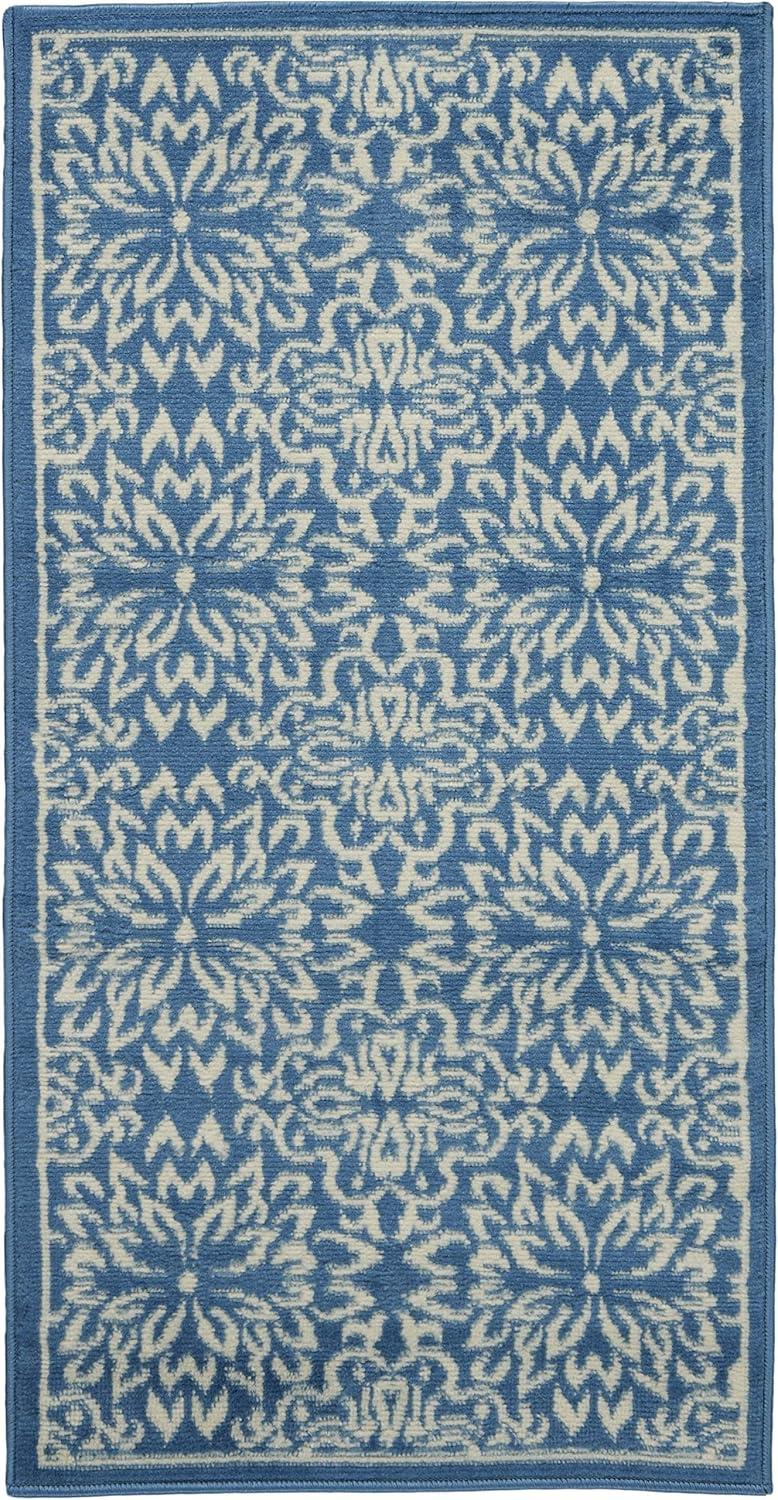 Ivory & Blue Floral Hand-Knotted Viscose Area Rug, 2' x 4'