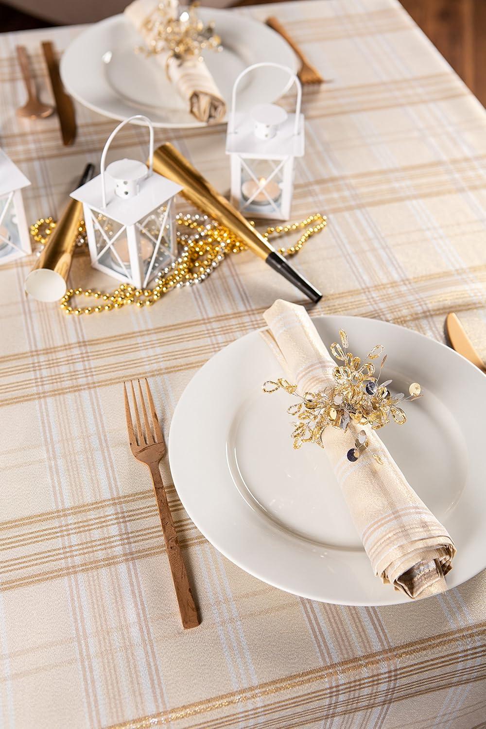 60 x 104 in. Cream Metallic Plaid Tablecloth