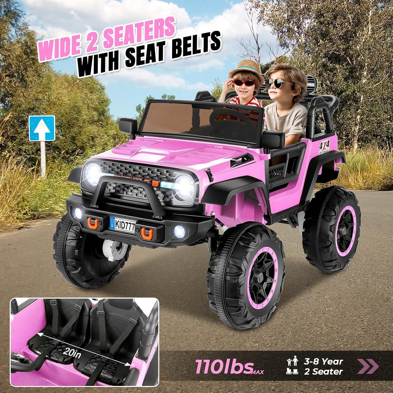 Electric Ride On Car, 24V 2 Seats for Kids, with Remote Control, 4WD Spring Suspension, 2 Speeds, Music, for 3+,Pink