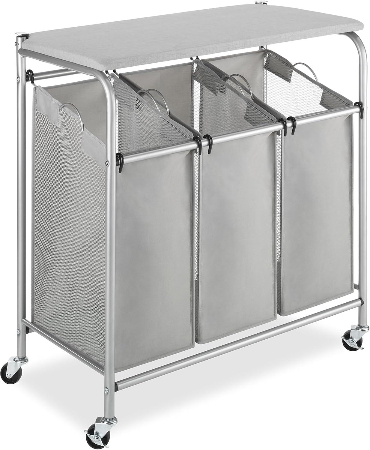 Chrome and Gray 3-Section Rolling Laundry Sorter with Folding Station