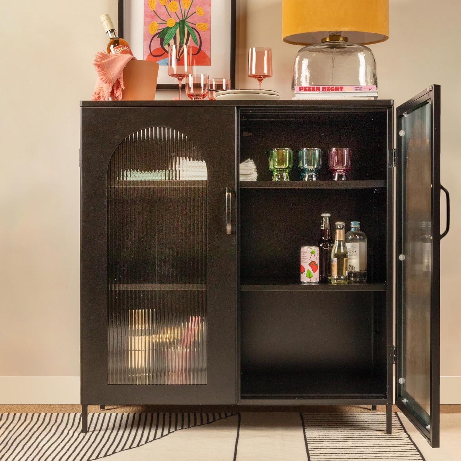 Black Metal Cabinet with Arched Glass Doors and Adjustable Shelves