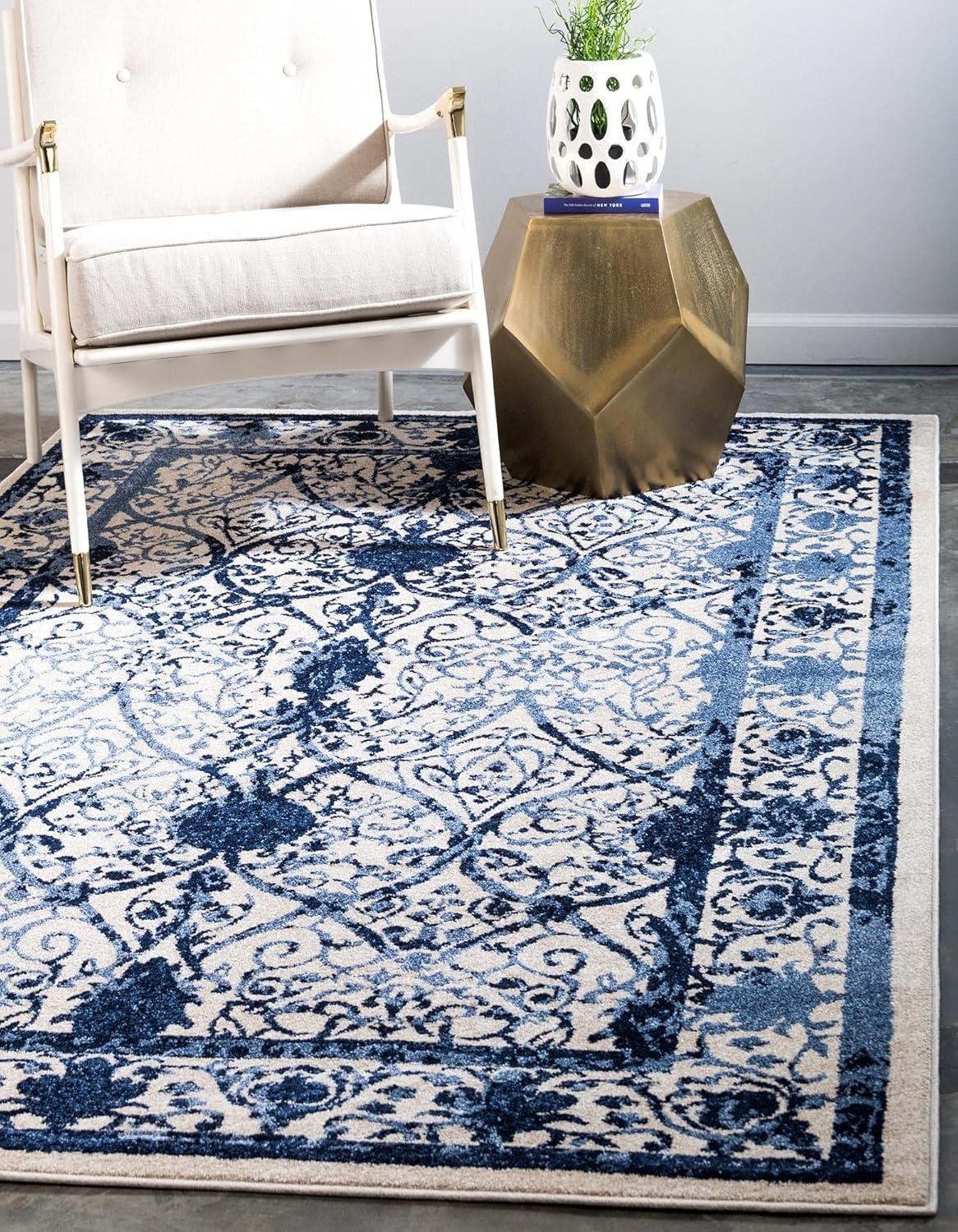 Handmade Ivory and Blue Floral Synthetic 5' x 8' Rectangular Rug