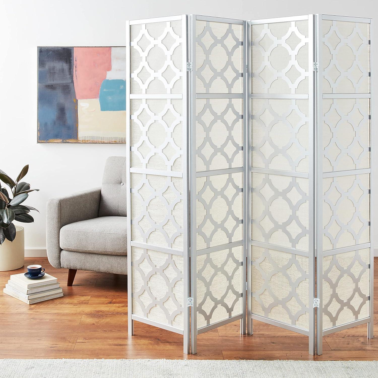 Silver Shoji-Inspired 4-Panel Folding Room Divider with Diamond Pattern