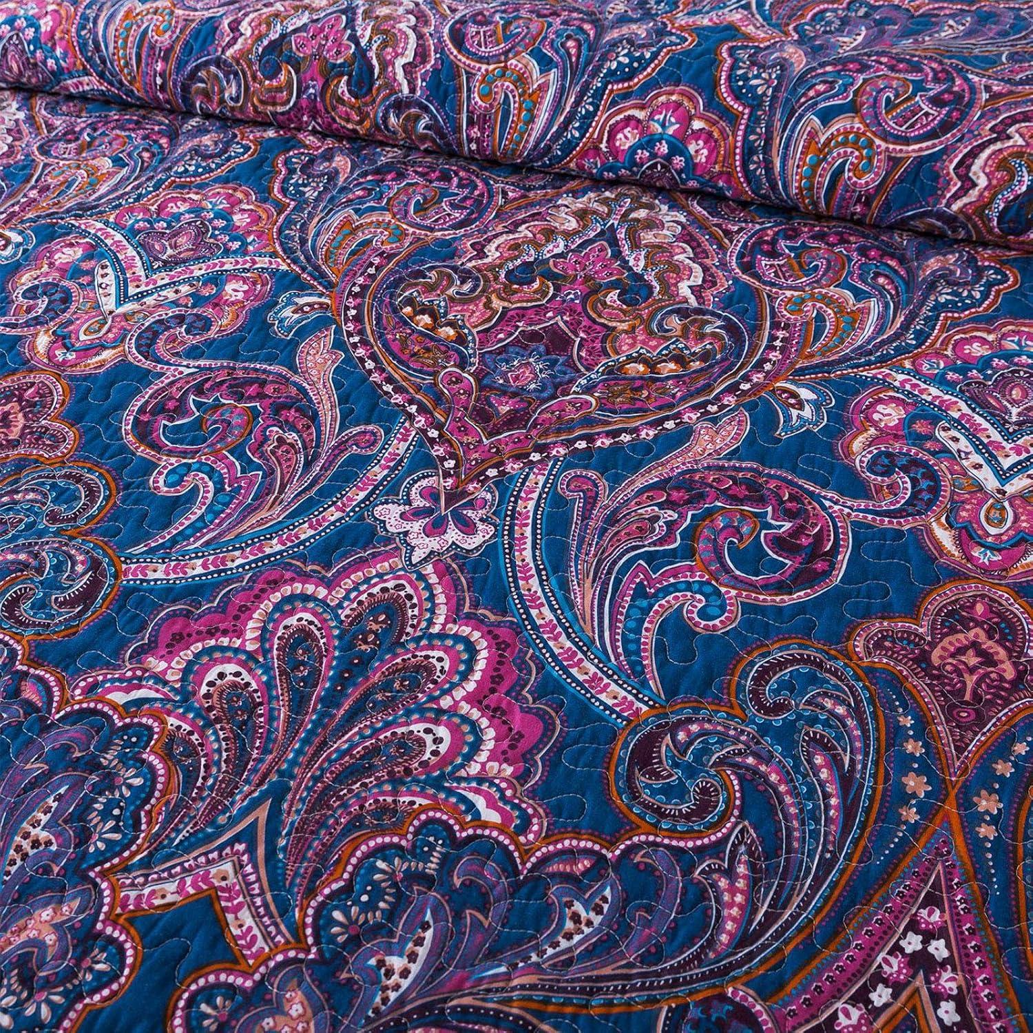 NEWLAKE Cotton Bedspread King Quilt Sets, Purple Classic Floral Pattern