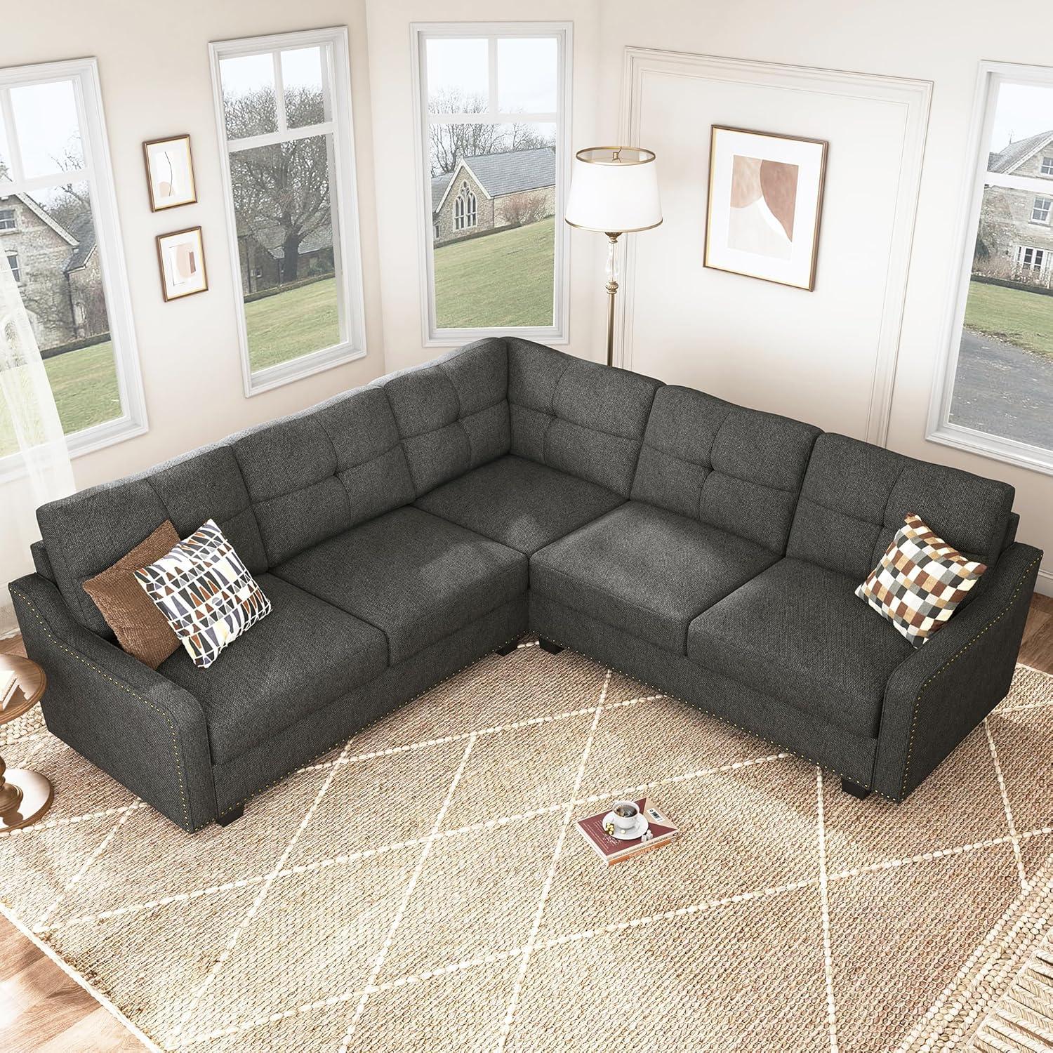 HONBAY Velvet L Shaped Couch Corner Sofa for Living Room Furniture Sets in Green
