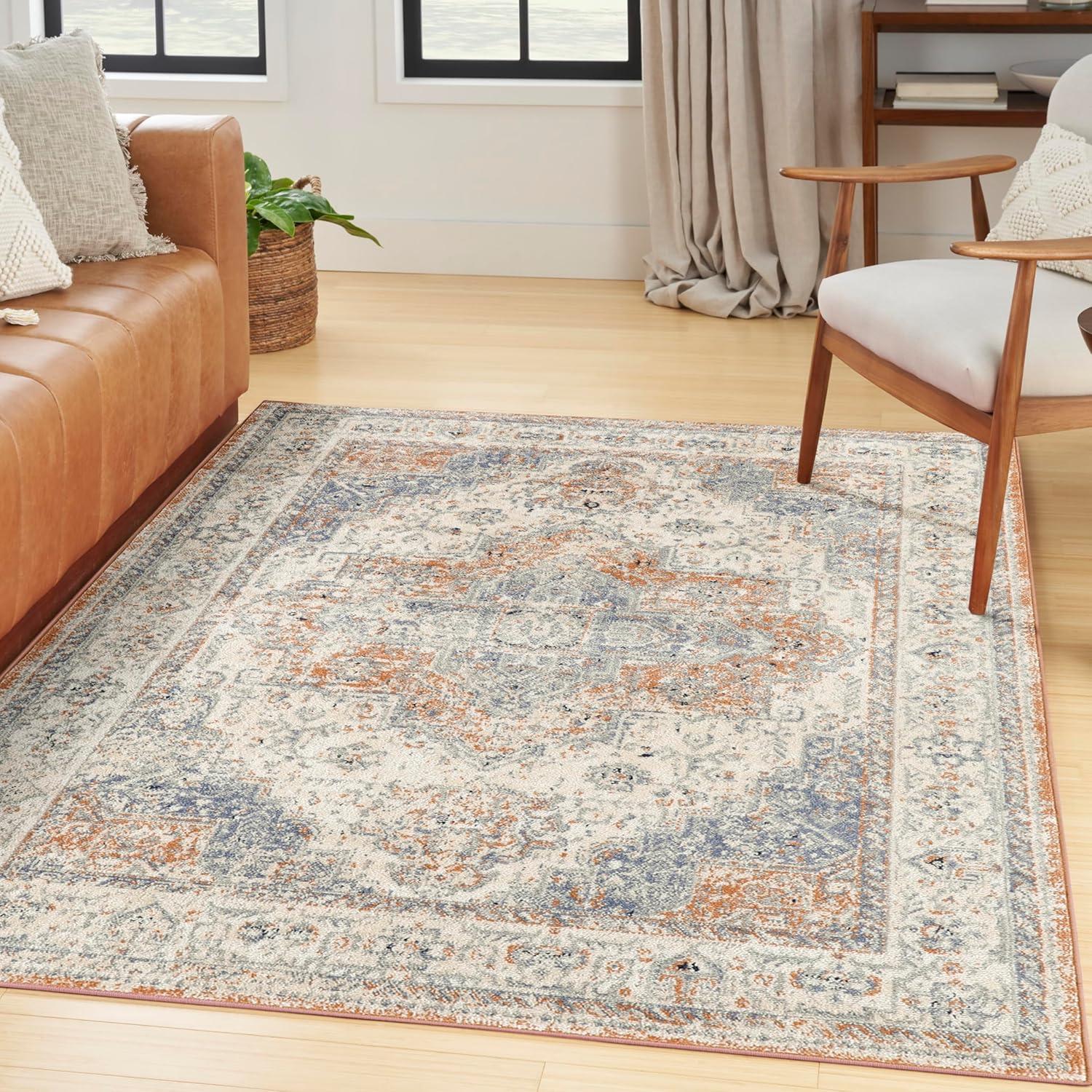 Beige Blue Rectangular 5' x 7' Synthetic Outdoor Rug