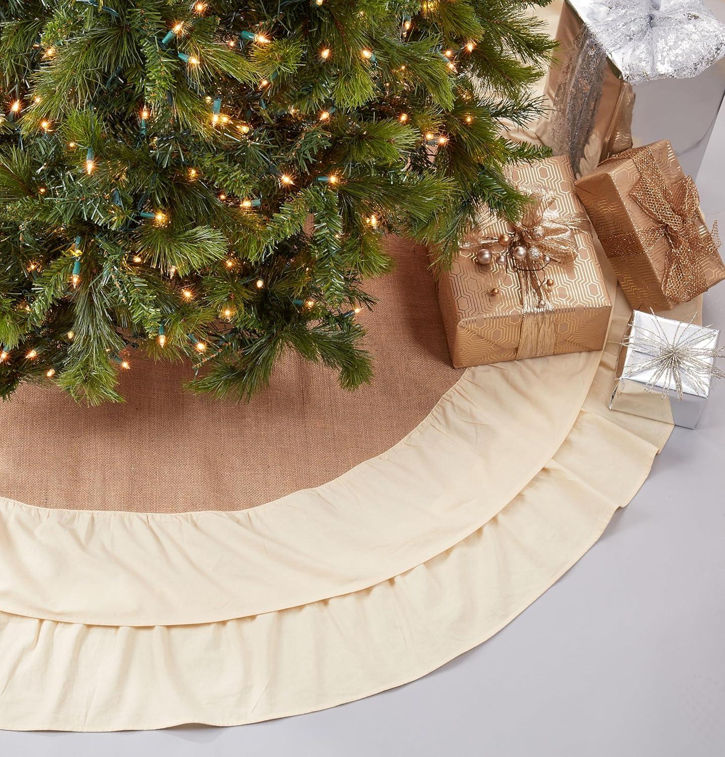 Natural Jute and Cotton Ruffled Christmas Tree Skirt