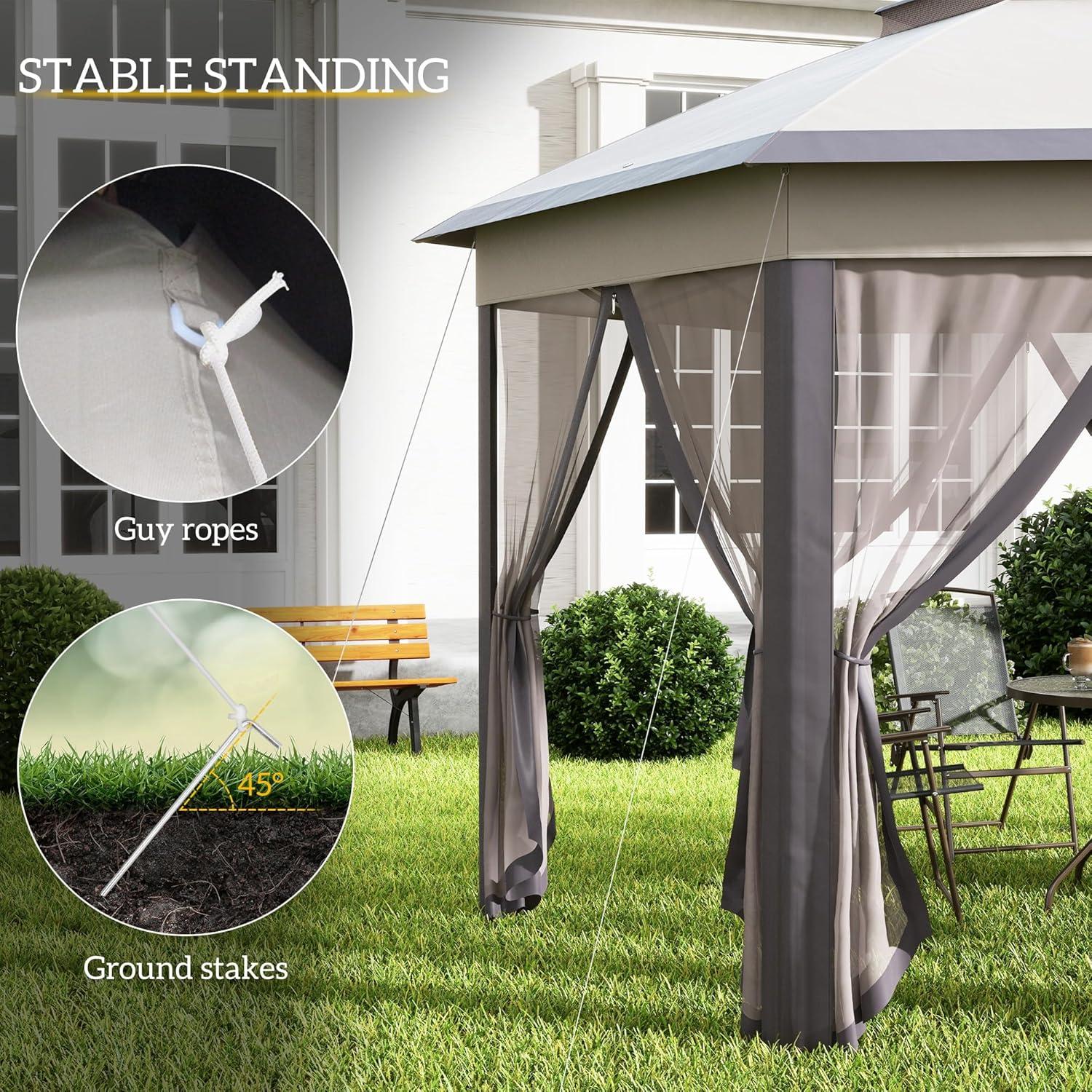 Outsunny 13' x 13' Pop Up Gazebo Hexagonal Canopy with 6 Zippered Mesh Netting, 2-Tier Roof Event Tent with Steel Frame for Patio Backyard, Coffee