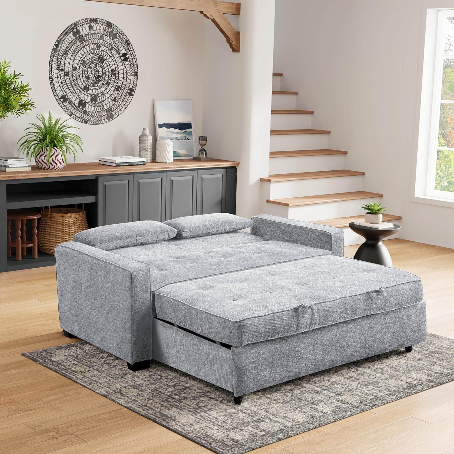 Light Gray Tufted Microfiber Convertible Loveseat Sofa