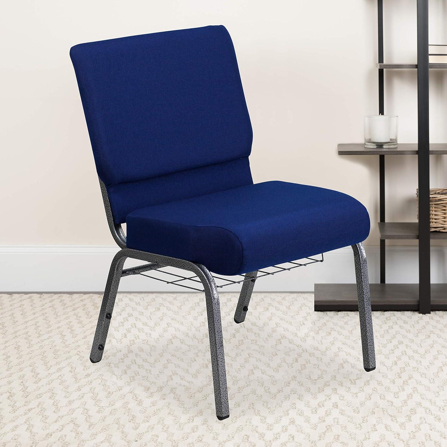 Navy Blue Fabric Stacking Chair with Silver Steel Frame and Book Rack