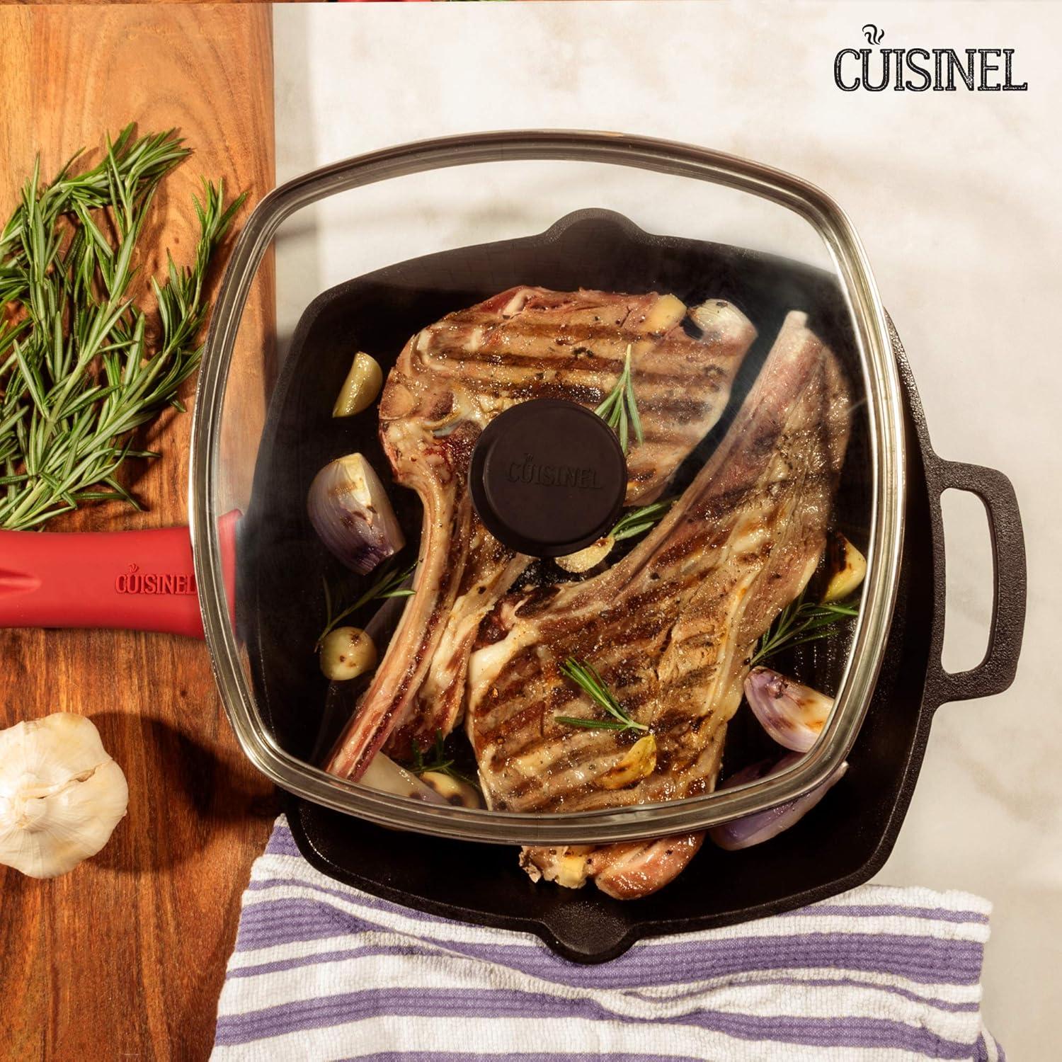 Cuisinel Pre-Seasoned Cast Iron Grill Pan with Glass Pan Lid & Pan Scraper, 10.5"