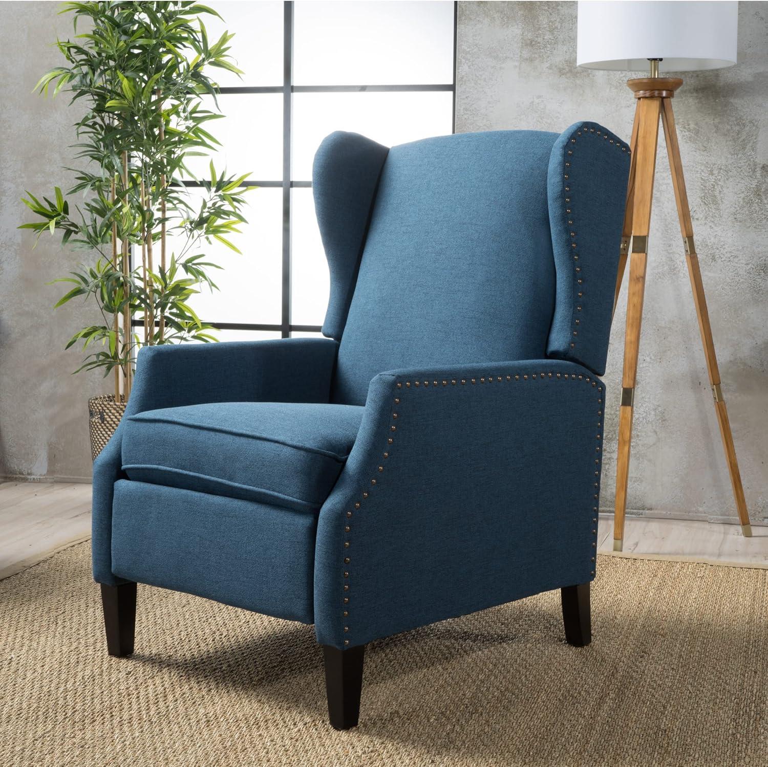 GDFStudio Weyland Contemporary Fabric Wingback Pushback Recliner with Nailhead Accents, Navy Blue