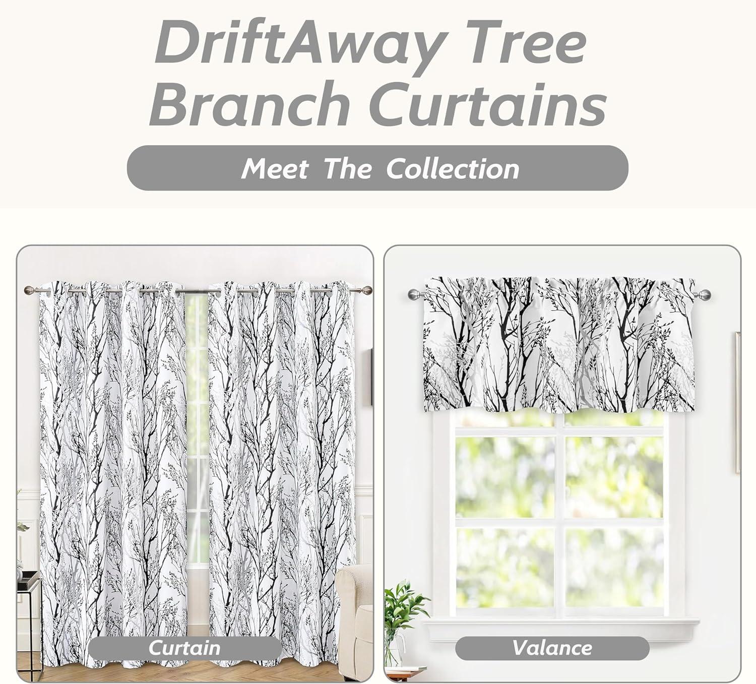 DriftAway Tree Branch Abstract Ink Printing Lined Thermal Insulated Window Curtain Valance Rod Pocket, 52" x 18" Plus 2" Header Black White