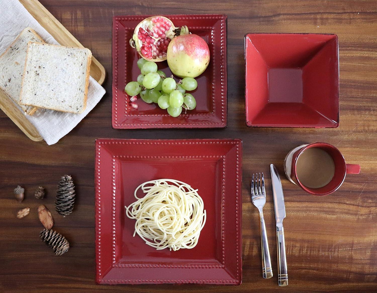 16 Piece Square Beaded Stoneware Dinnerware by Lorren Home Trends, Red