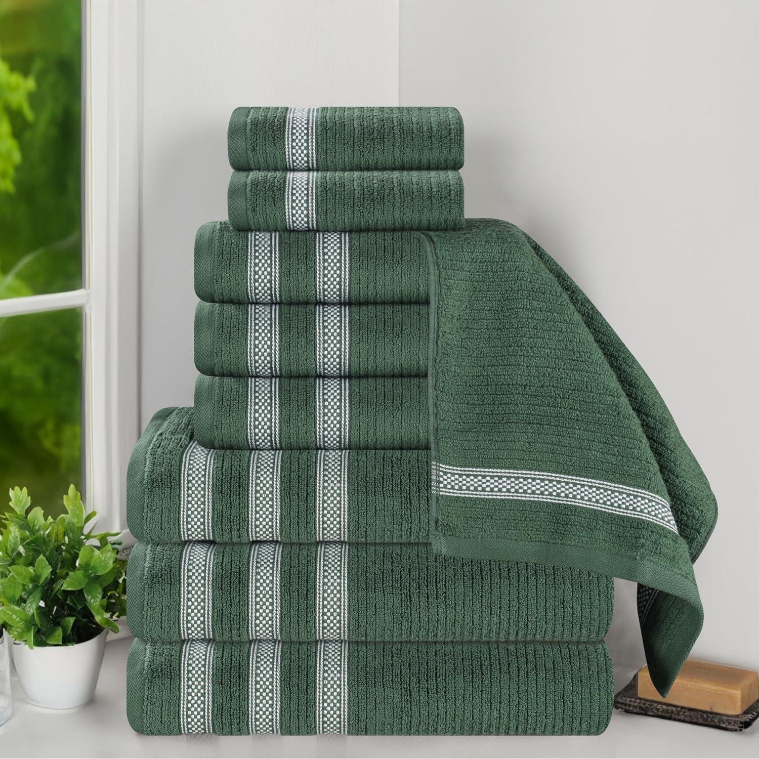 Superior Zero Twist Cotton Ribbed Geometric 9-Piece Towel Set, Forest Green