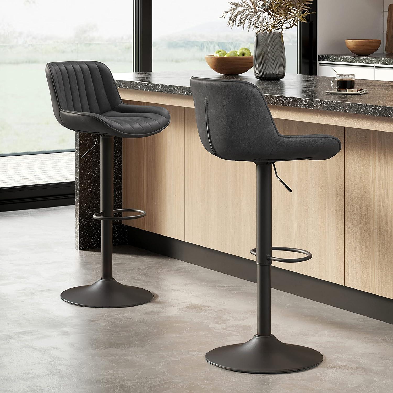 Art Leon Rustic Bar Stools Set of 2, Faux Leather with Backrest Chrome Legs, Upholstered Swivel Kitchen Stools, Gray