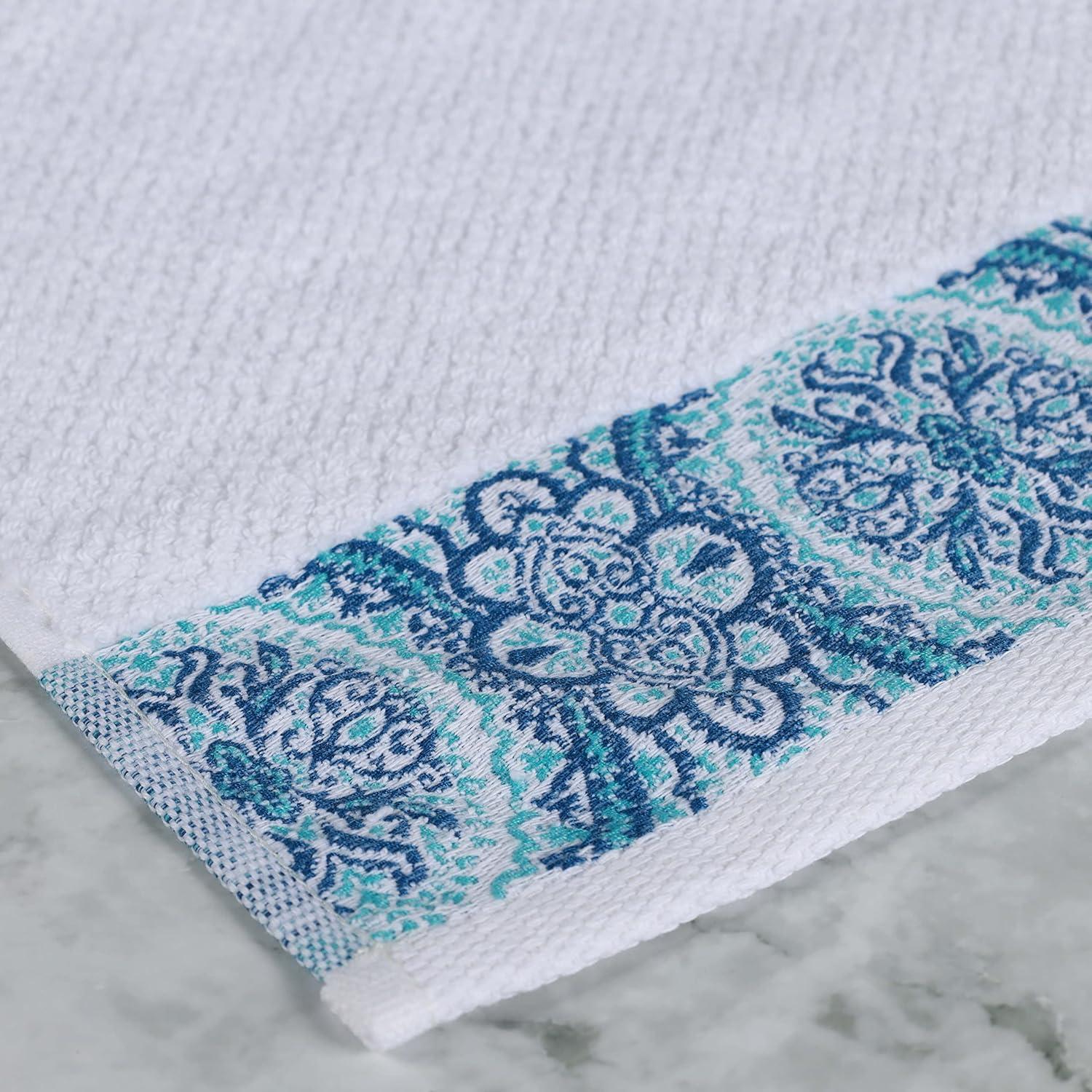 Superior Medallion Cotton Face Towels/ Washcloths, Set of 12, White/ Aqua