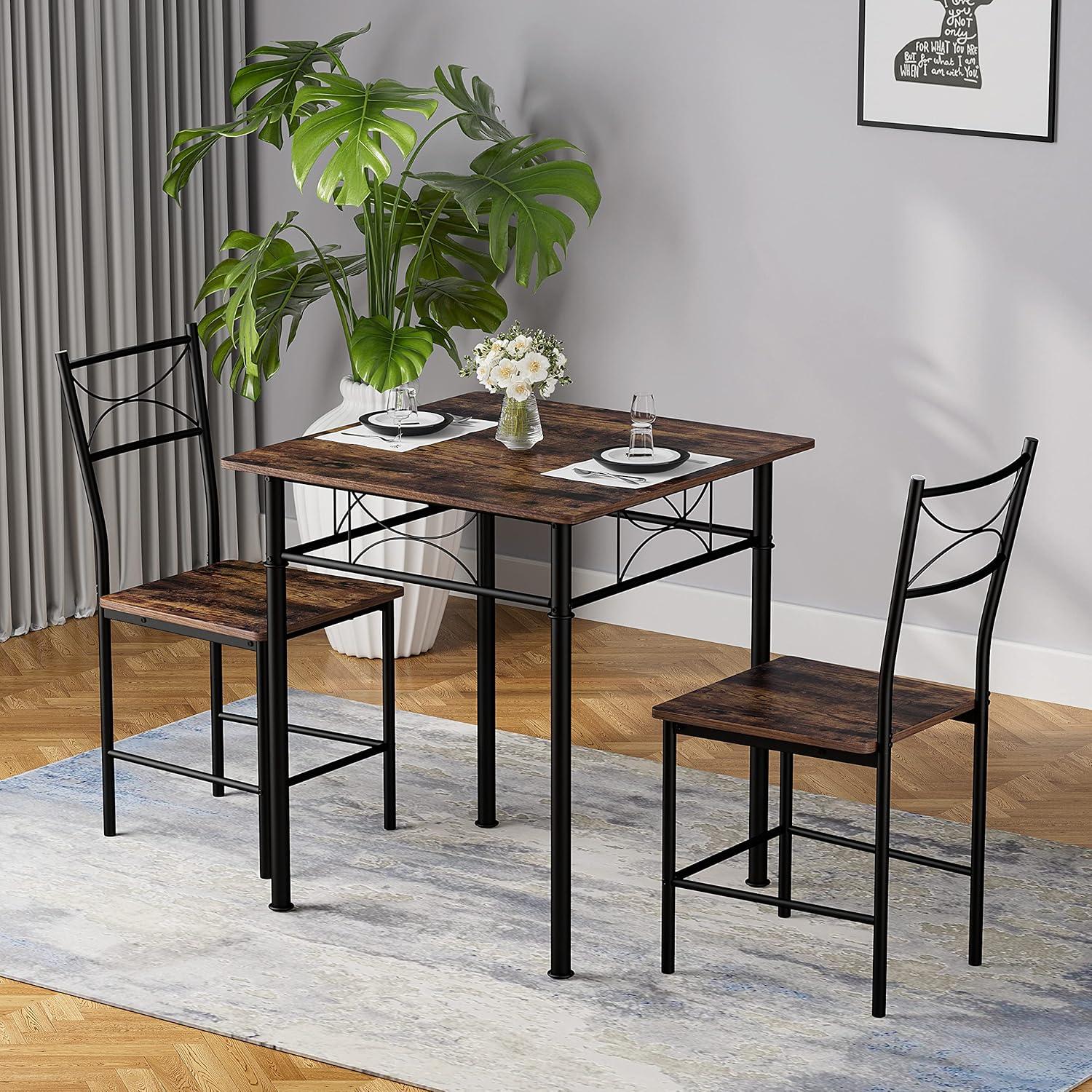 Rustic Brown Square MDF and Metal Dining Table Set with 2 Chairs