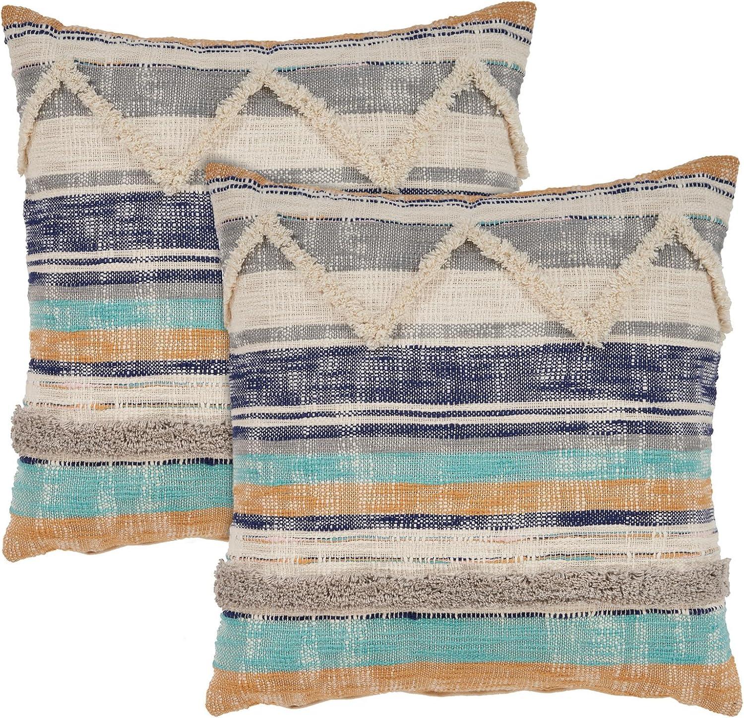 HomeRoots 18" X 18" Beige Blue And Gray Geometric Cotton Zippered Pillow