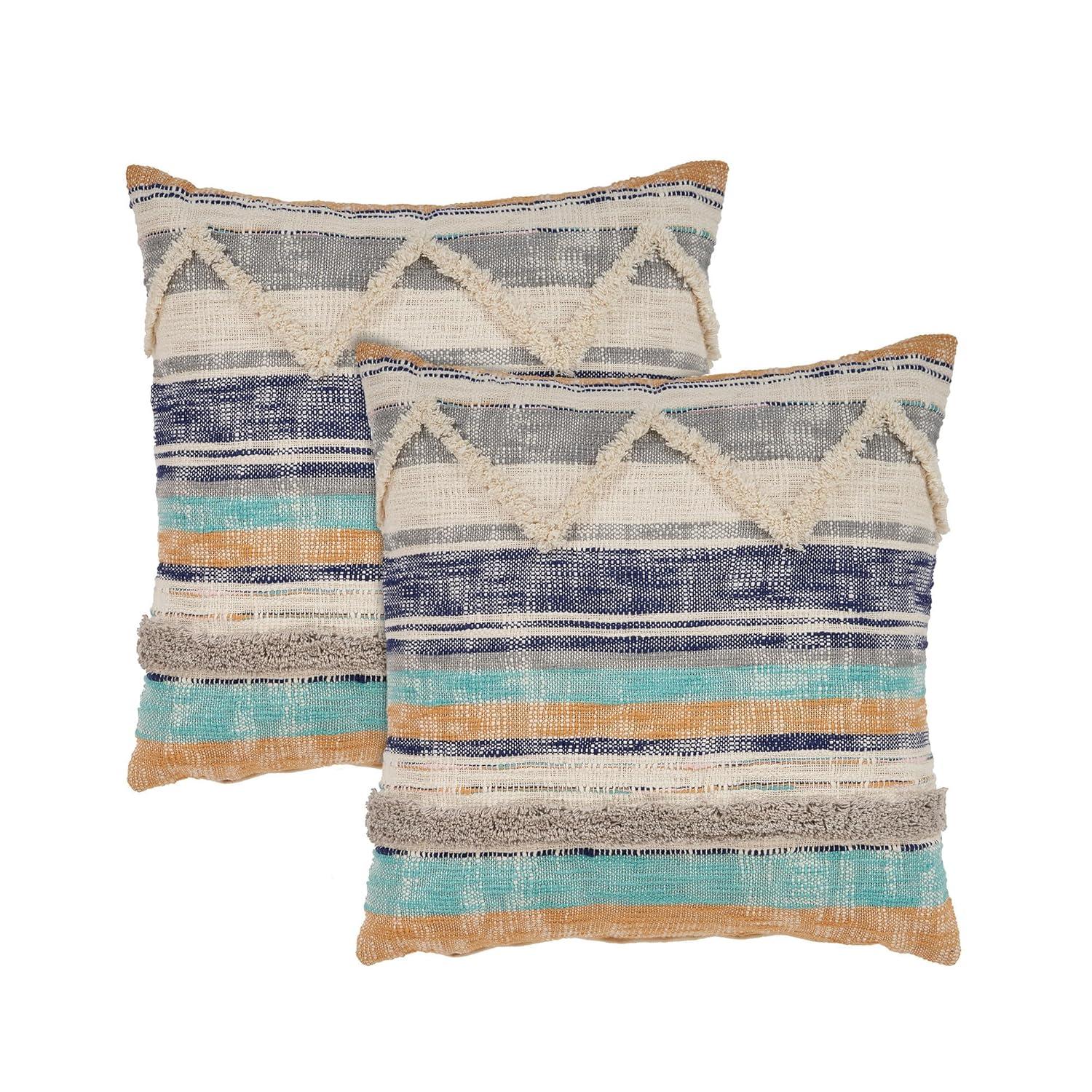 HomeRoots 18" X 18" Beige Blue And Gray Geometric Cotton Zippered Pillow