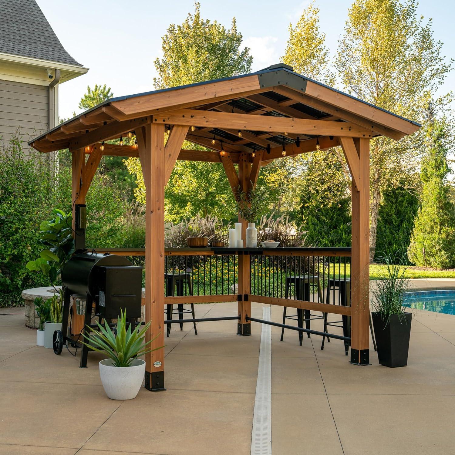 Backyard Discovery Backyard Discovery Granada 10' x 9' Cedar Wood Outdoor BBQ Grill Gazebo with Hardtop Galvanized Steel Roof and Bar Tops
