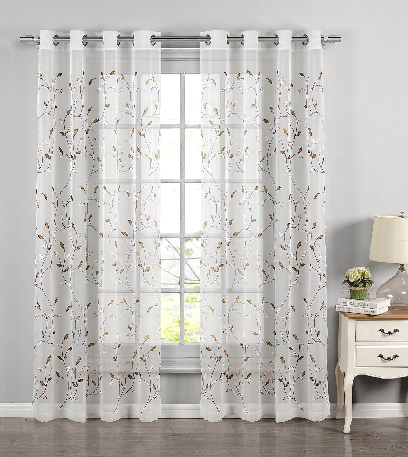 Grommet Curtain Panel, Embroidered Sheer Extra-Wide, Beige 54" x 84"
