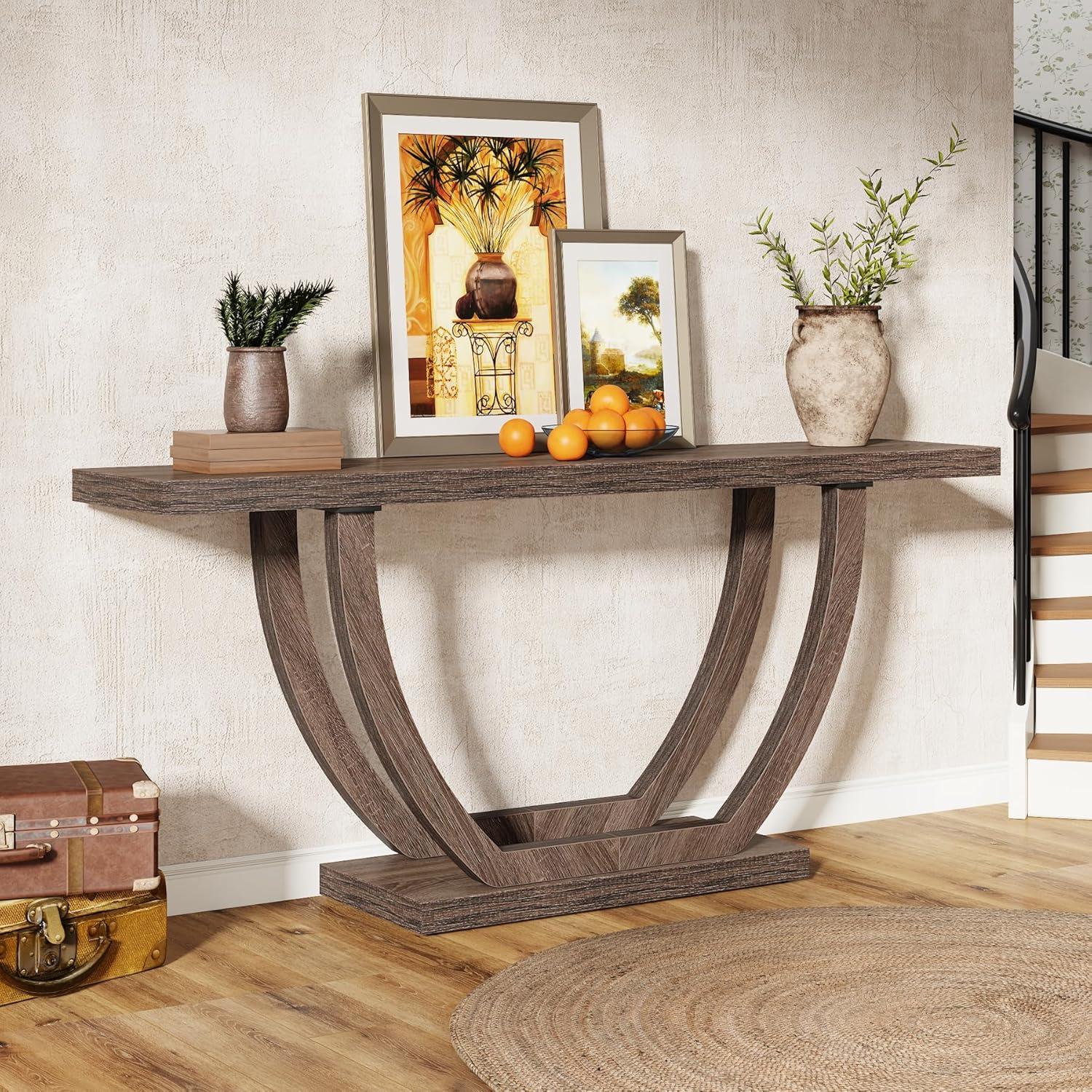 Tribesigns 63 Inches Farmhouse Wood Console Table for Entryway, Narrow Long Foyer Sofa Table with Geometric Legs for Hallway, Entrance, Brown