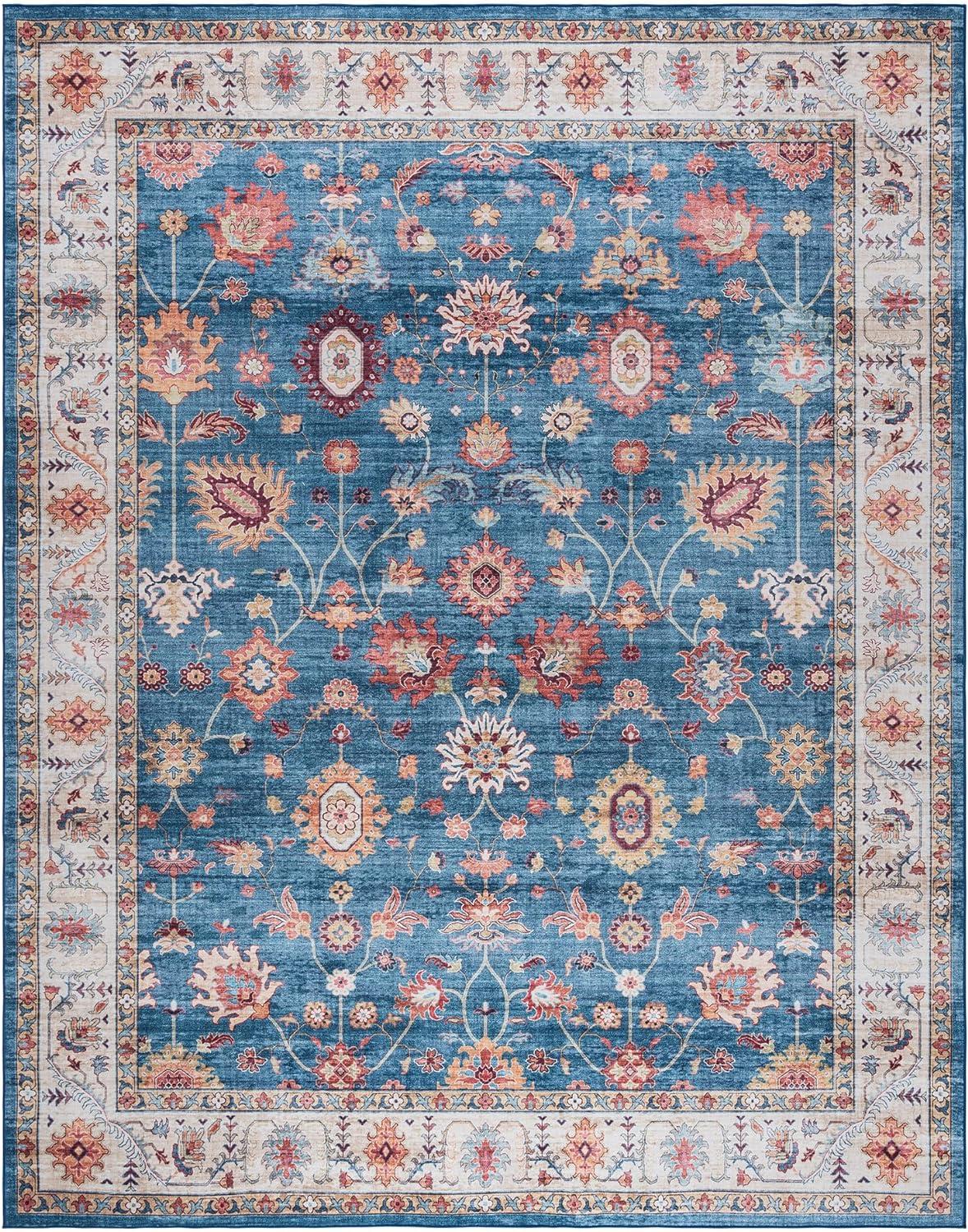 Gertmenian Crystal Print Cullen Navy Blue Beige Multi Transitional Floral Border Washable Flat Pile Indoor Area Rug